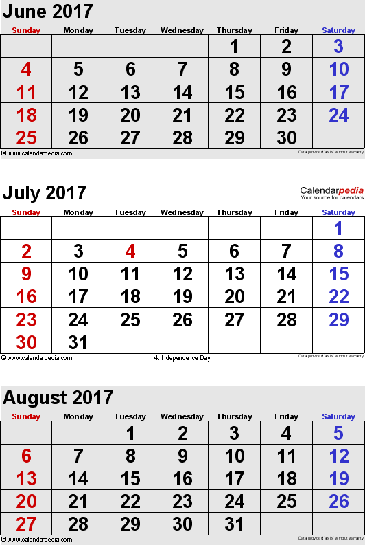 July 2017 Calendars for Word, Excel & PDF
