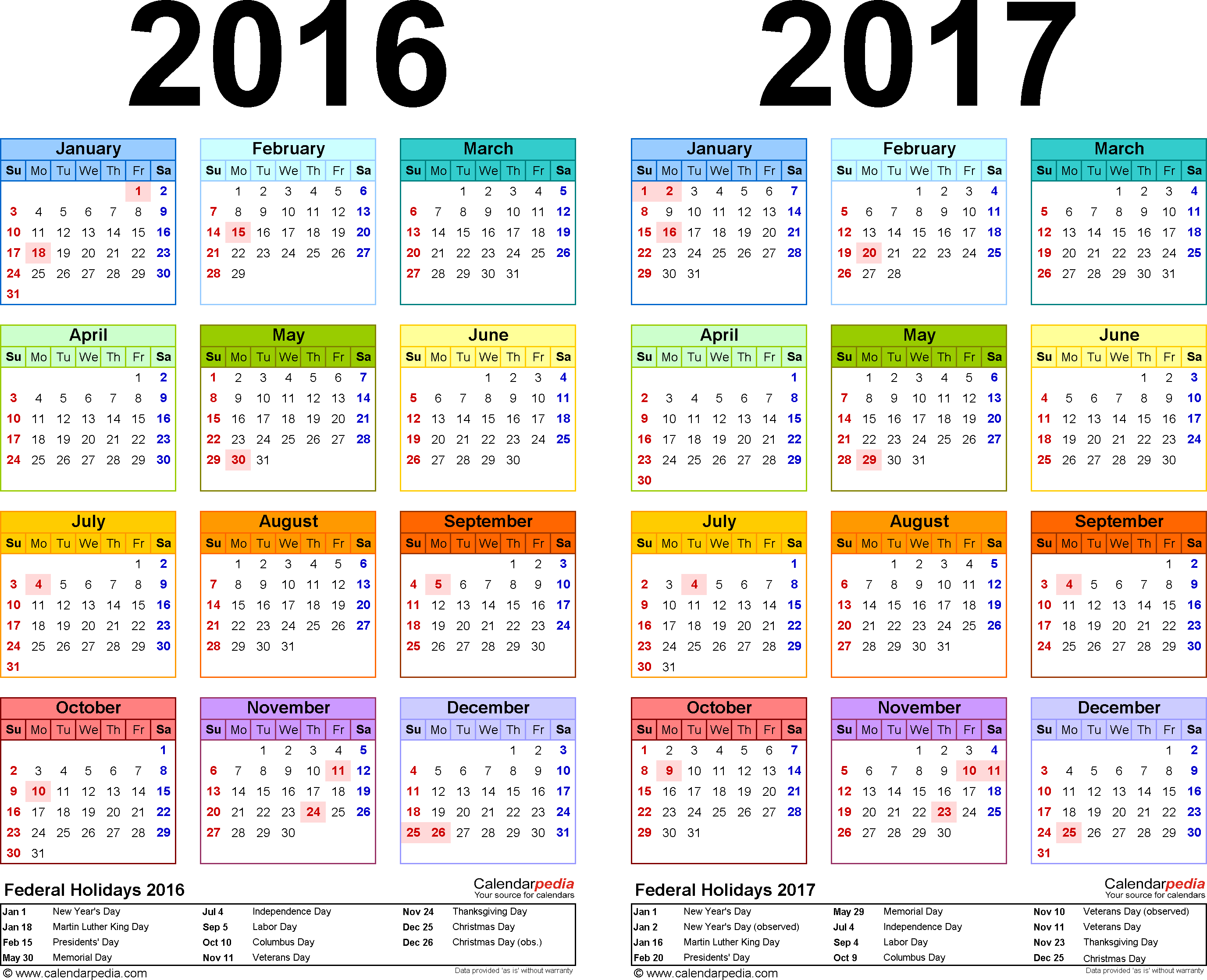 2016 2017 Calendar Printable Two Year PDF Calendars