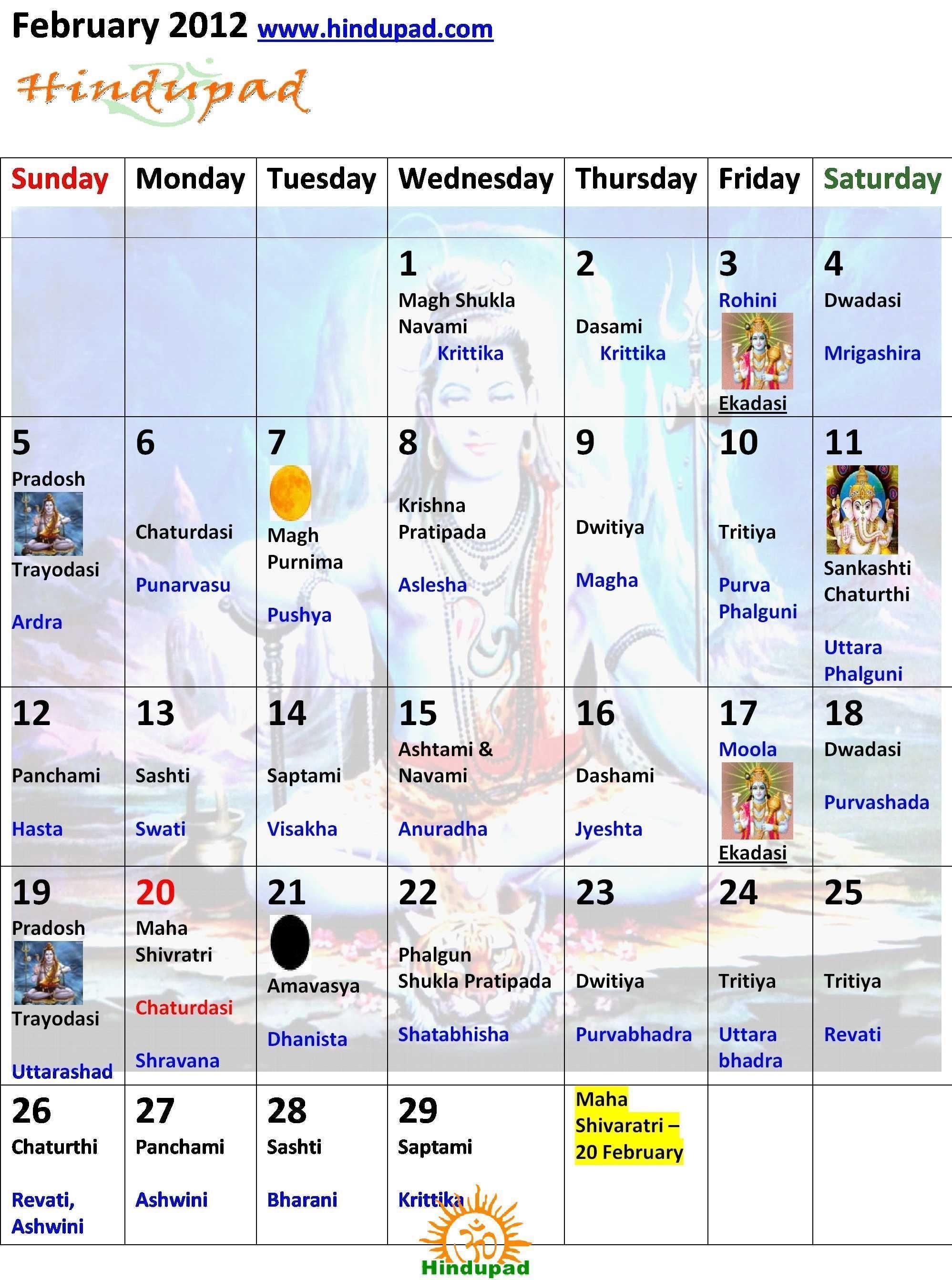Hindu Calendar February 2012 with Tithi, Nakshatra