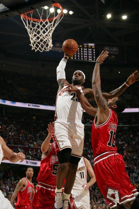LeBron James dunking against the Chicago Bulls at the Q. LeBron