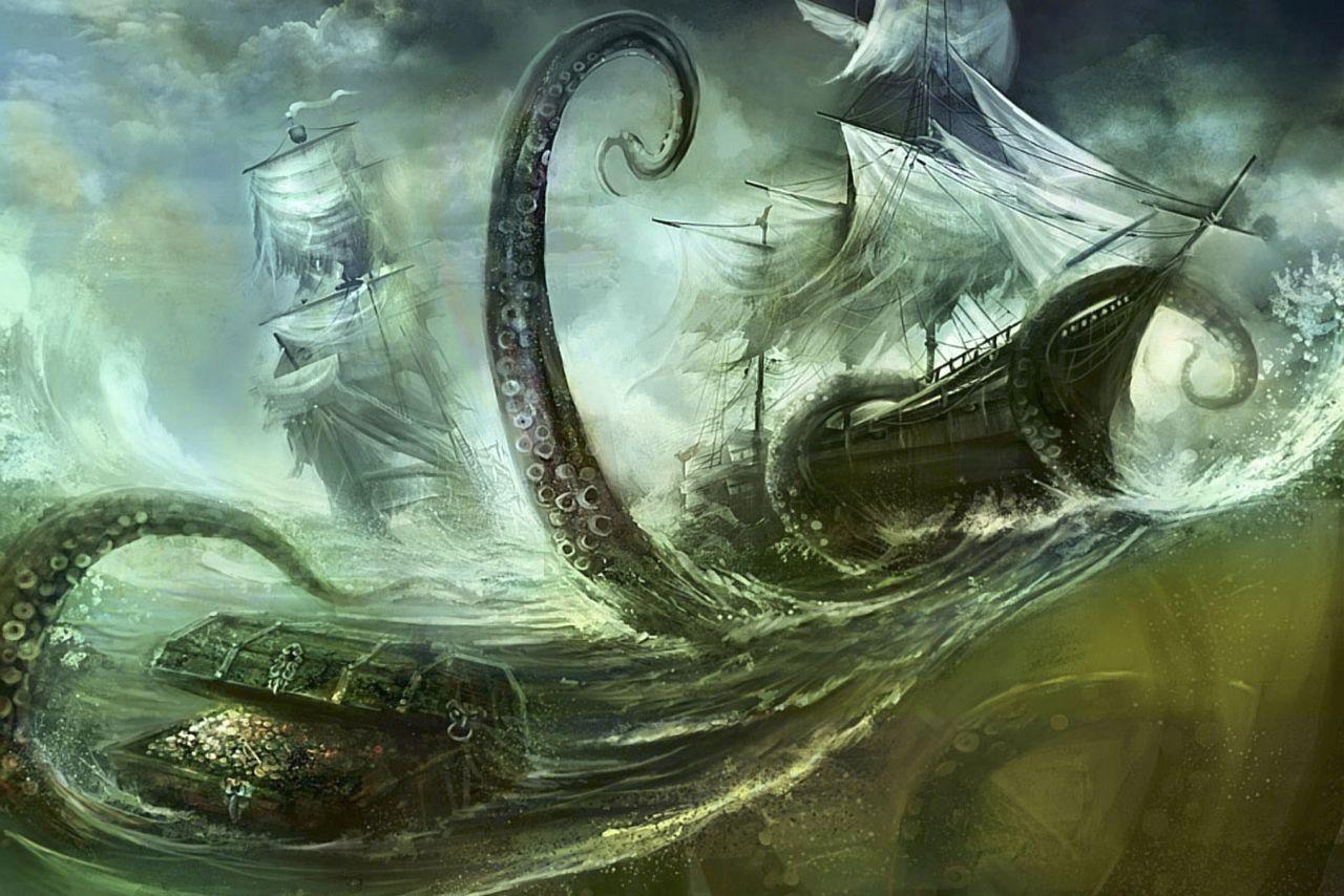 Giant Squid Ships Desktop Wallpaper