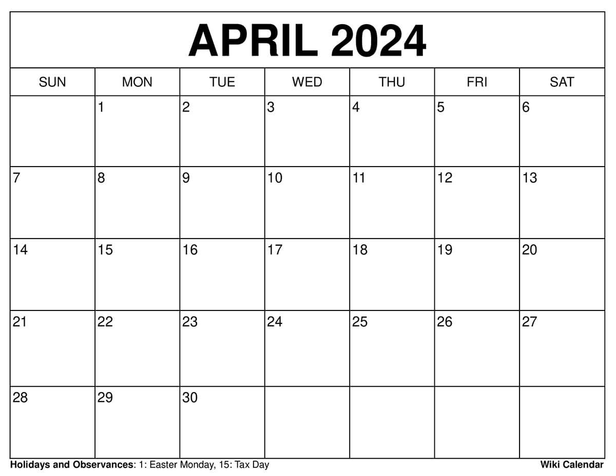 Printable April 2024 Calendar With Holidays