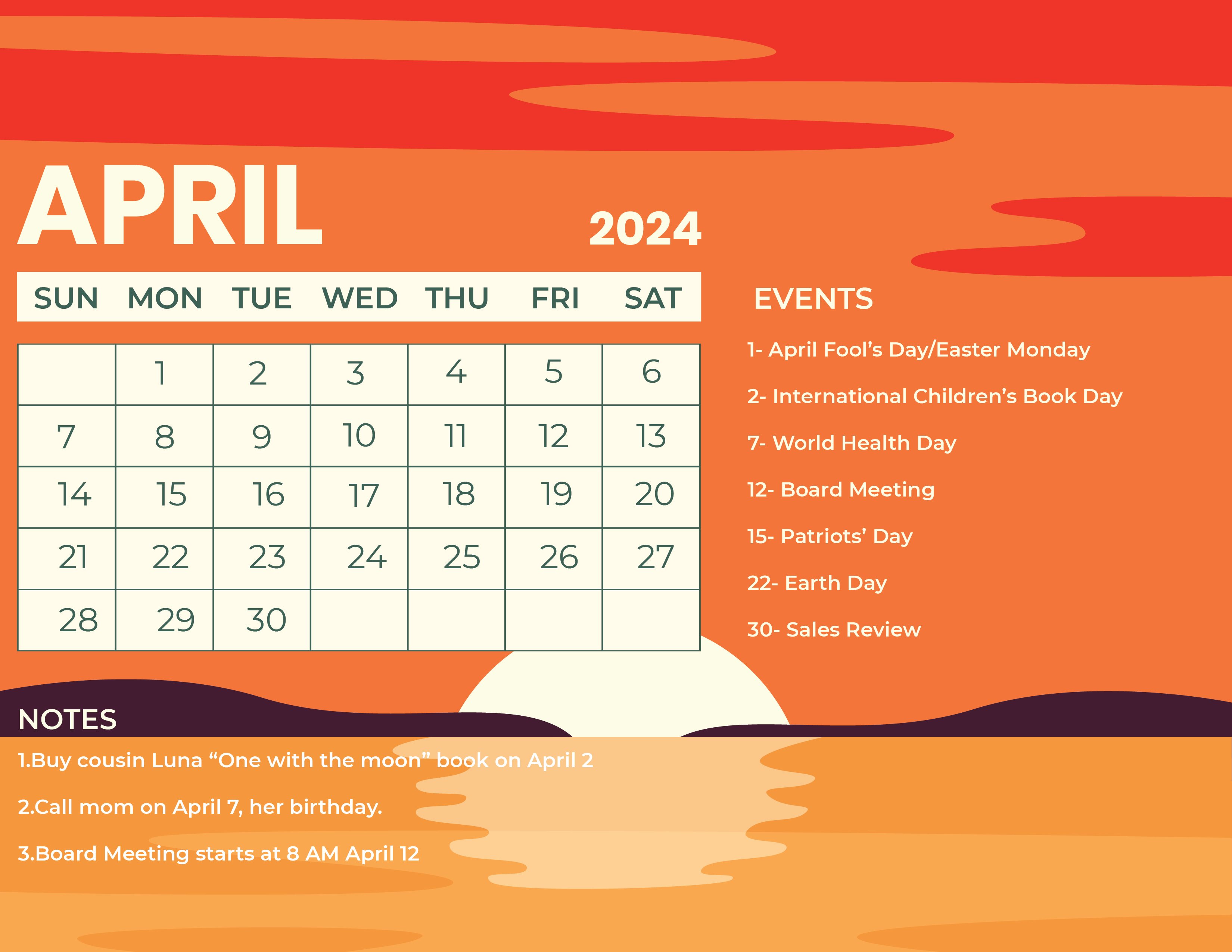 April 2024 Calendar With Holidays in Word, Illustrator, EPS, SVG, JPG