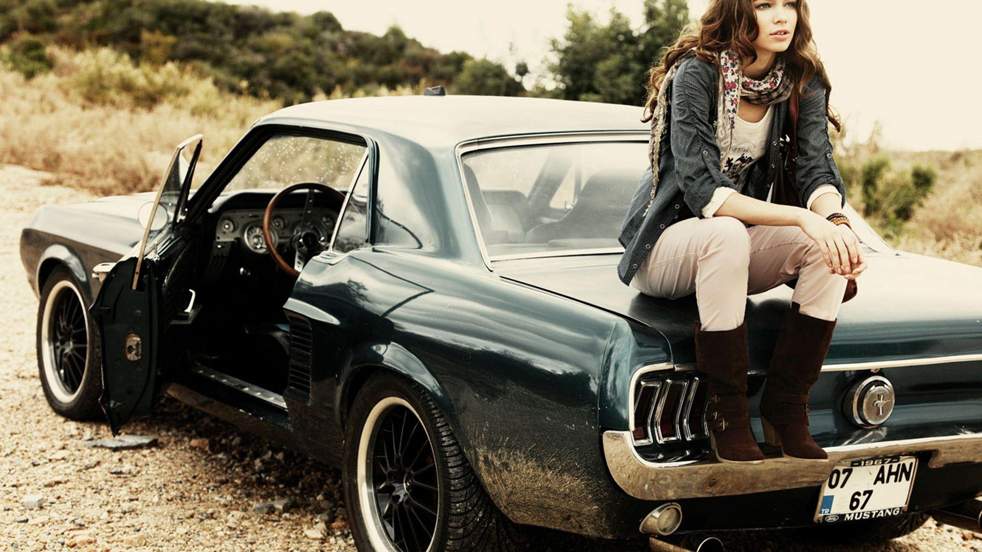 Girl Sitting on Ford Mustang 1967 widescreen wallpaper. Wide