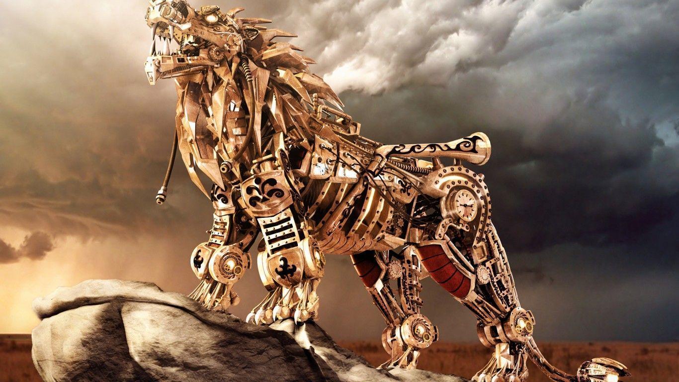 Wallpaper Mechanic Artificial Lion Cat Gold Metal 1366x768