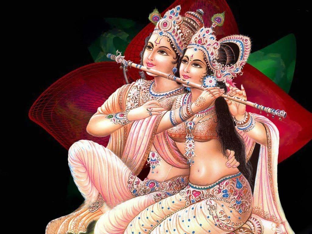 Krishna and Radha play flute image
