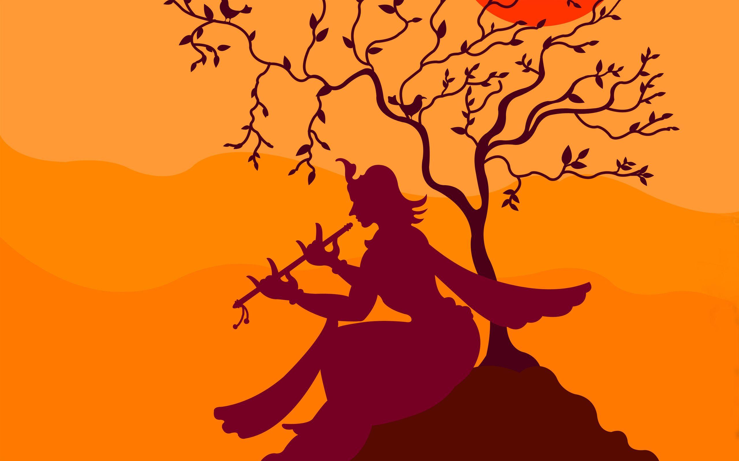 Krishna Playing Flute Under Tree Wallpaper