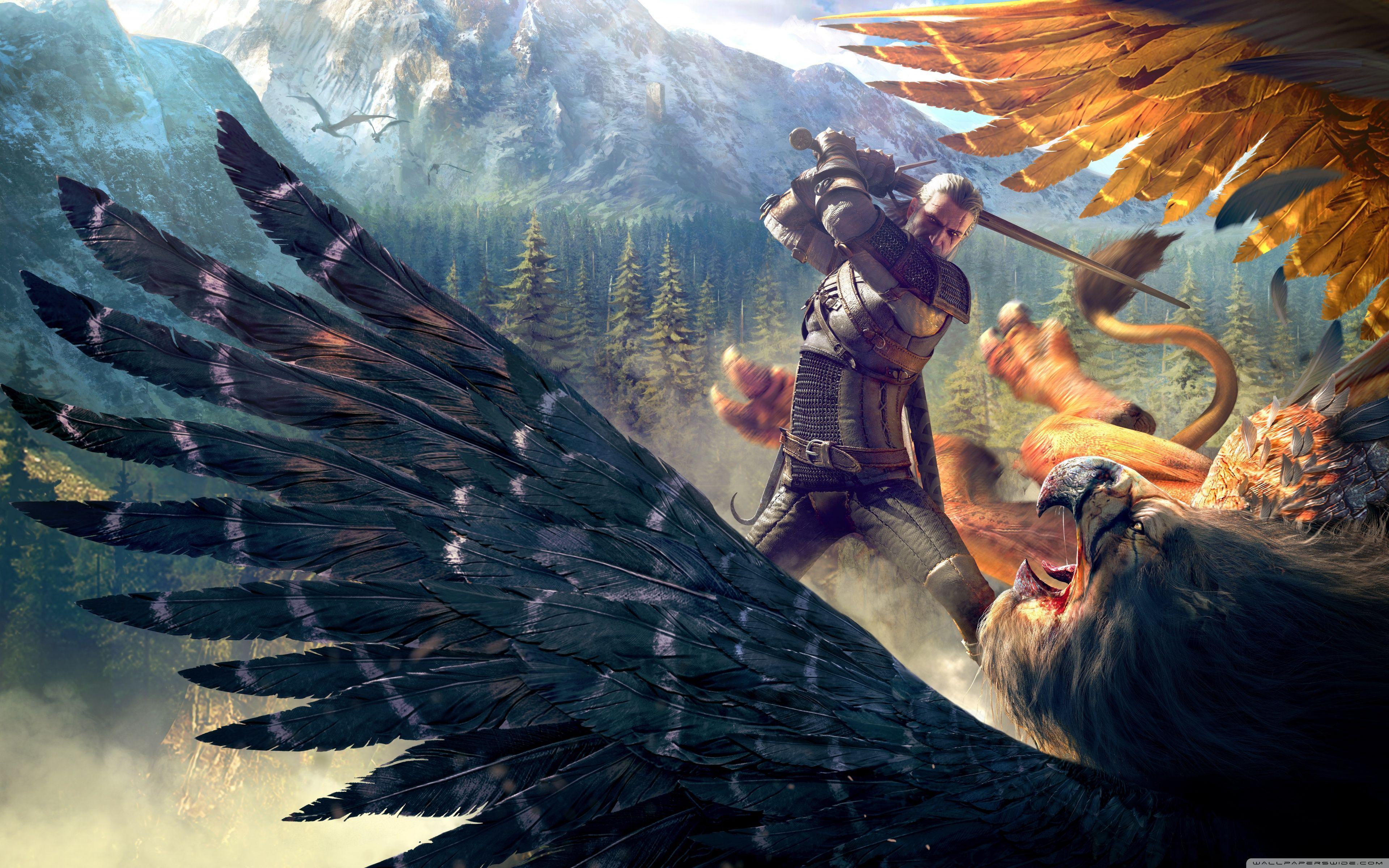 The Witcher 3 Wild Hunt Geralt and a Griffin HD desktop wallpaper