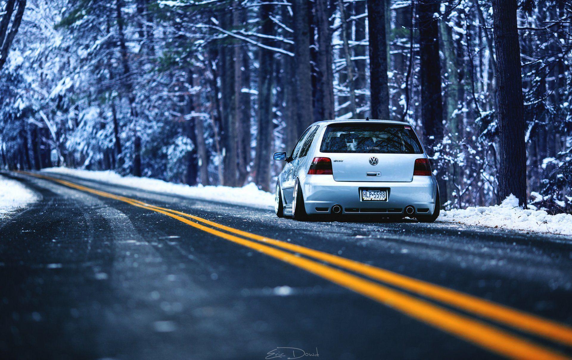 volkswagen r32 mk4 winter road counting forest HD wallpaper