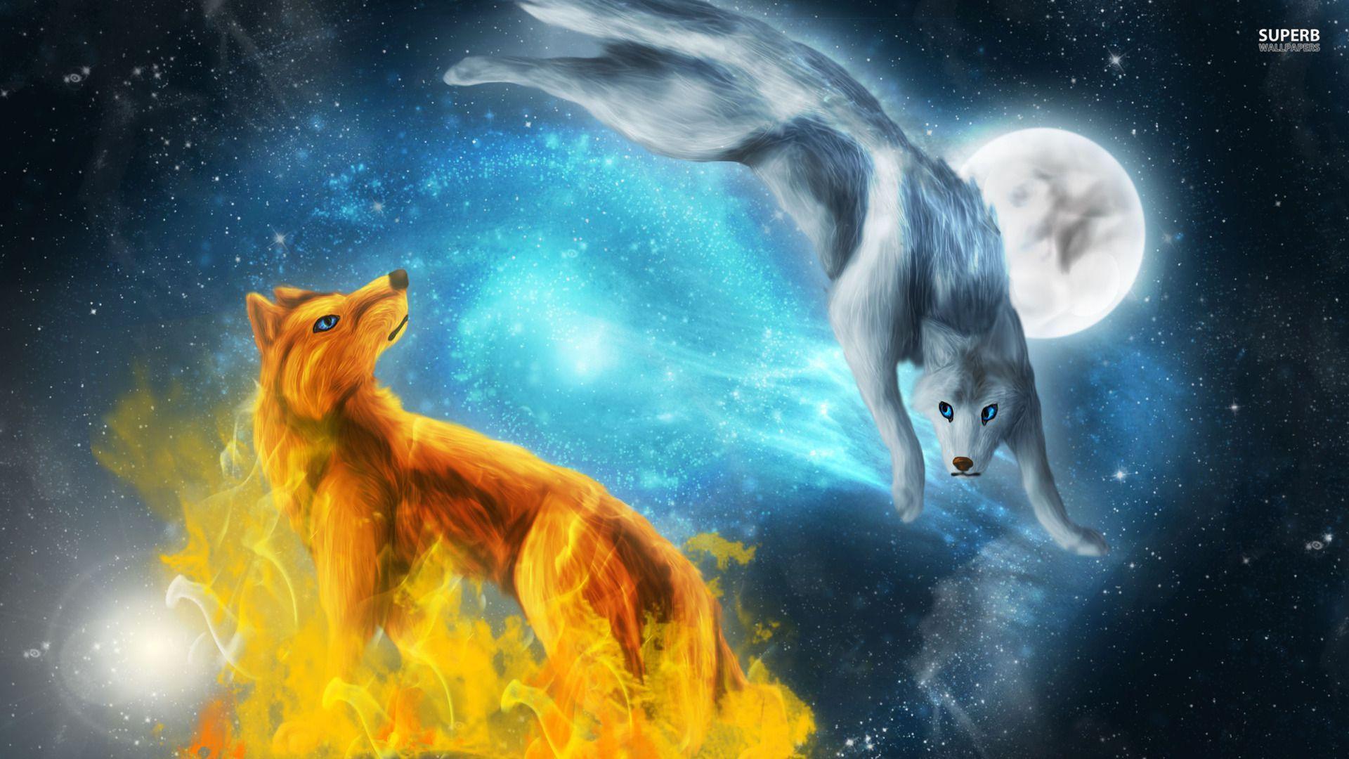 Fire And Ice Wolves Computer Wallpaper. Animals
