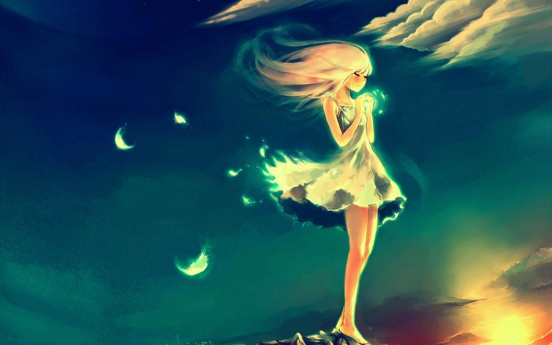 angel cry, alone, so sad, night sky, feather, art, manga anime