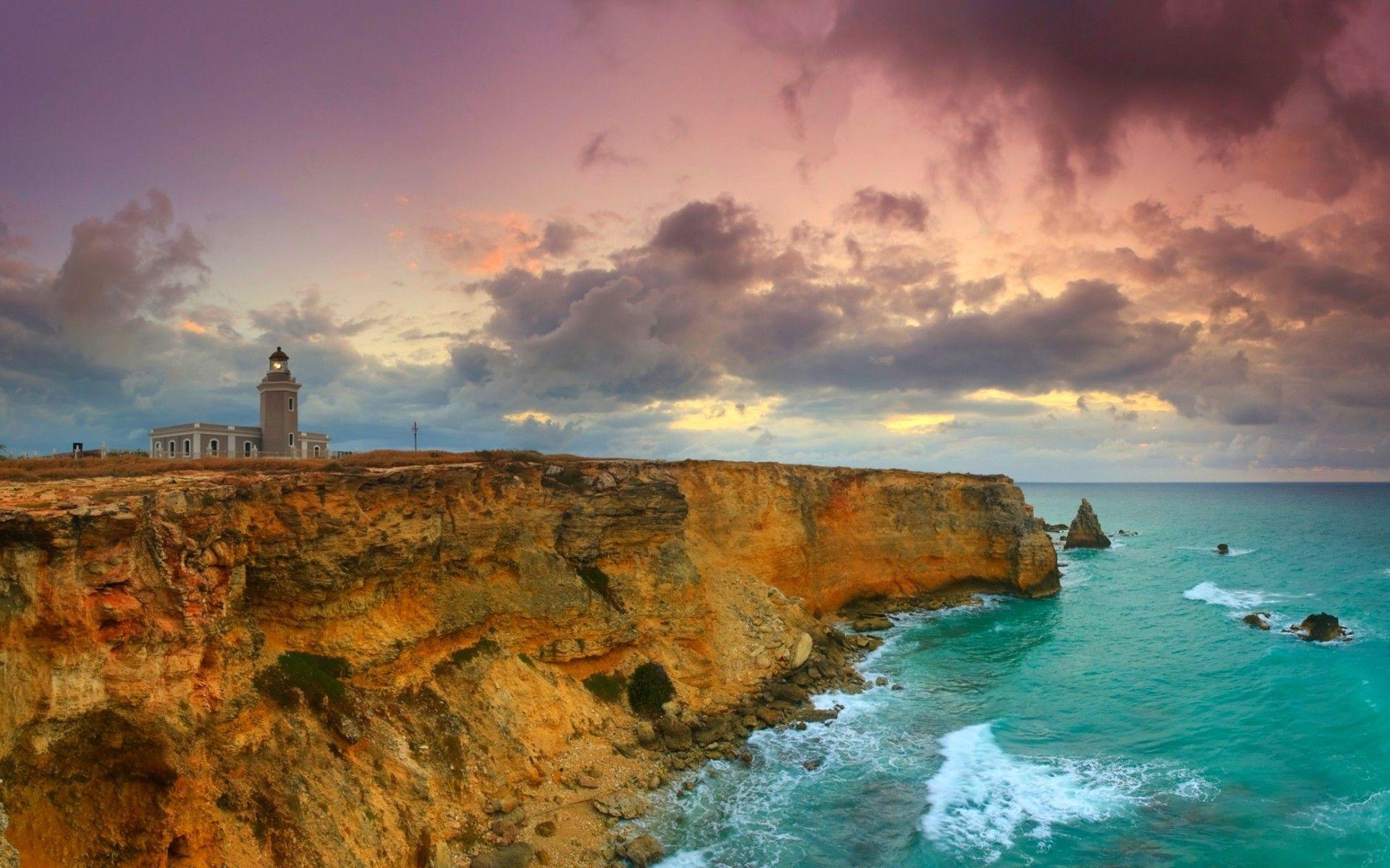 lighthouse, Cliff, Sea, Rock, Clouds, Sunset, Puerto Rico, Island