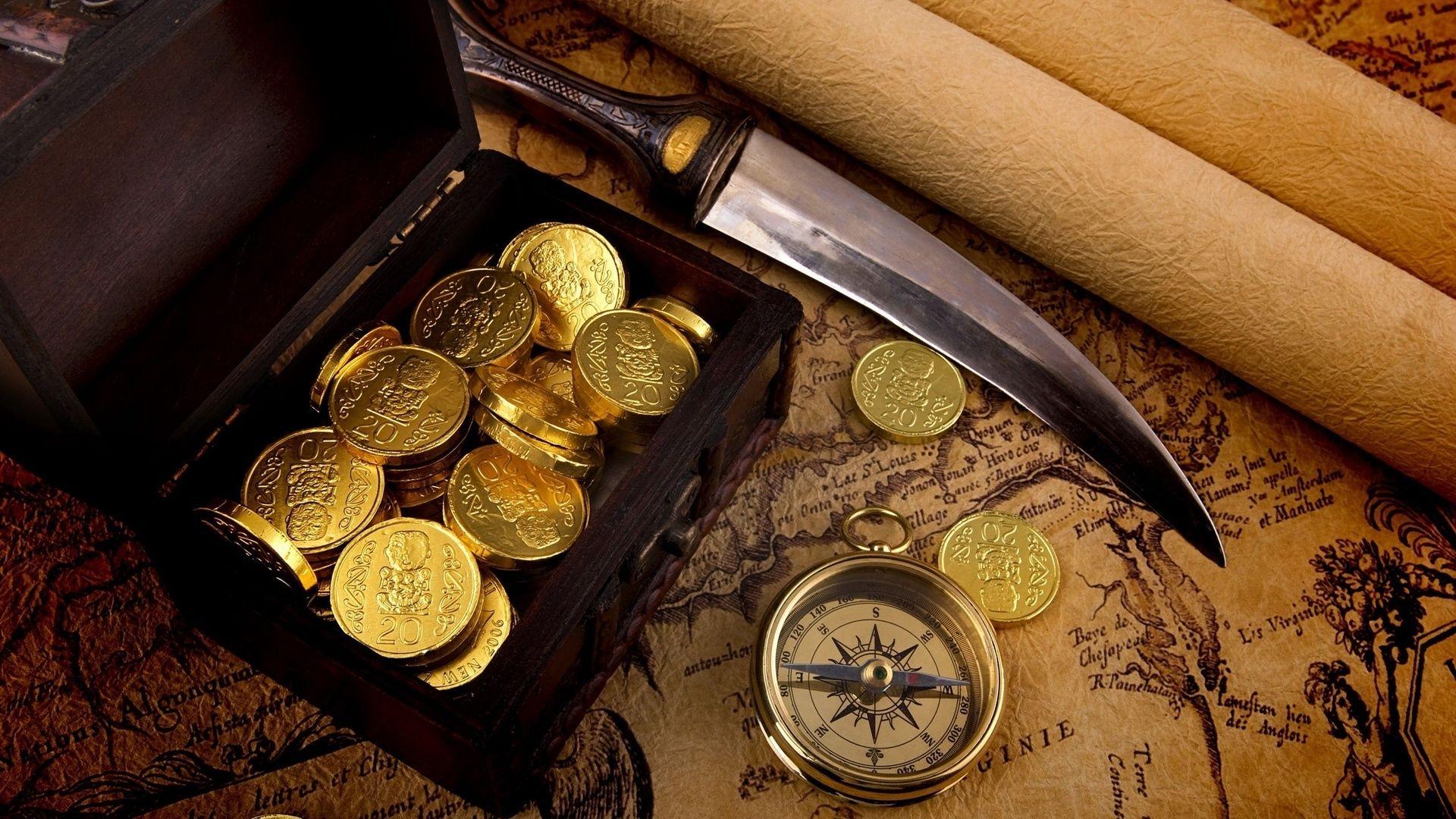 Map, Compass, Knife, Pirate, A Chest Of Gold, Pirates