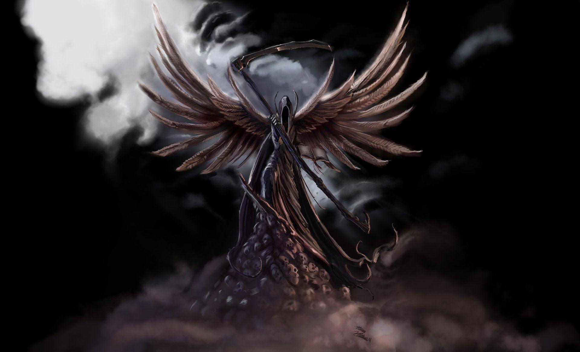 fiction dark angel wings death spit skull fog black background HD