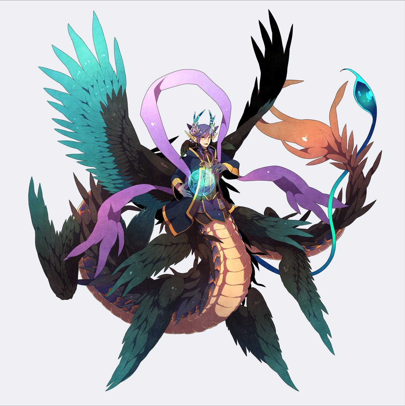 Magic Gray Background Dragon Person Hagoromo Black Wings original