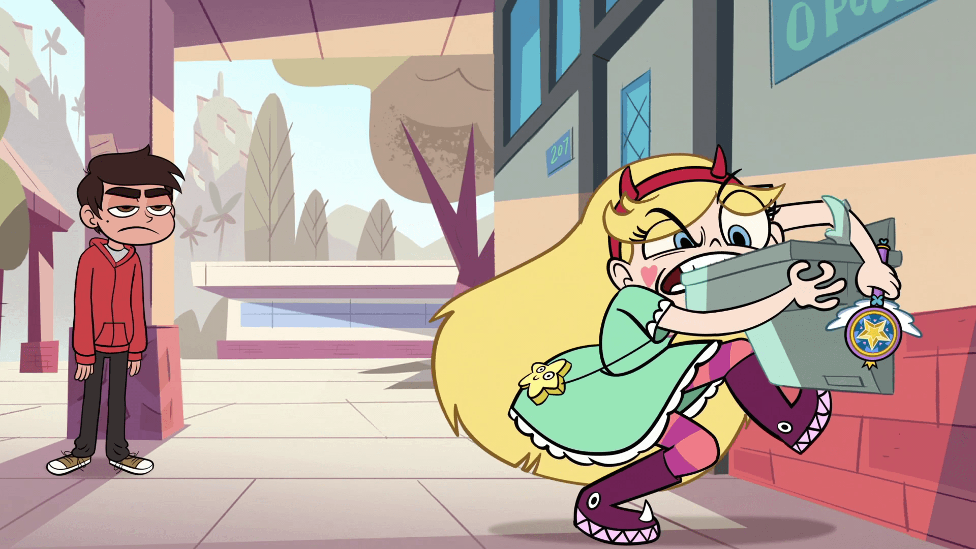 S1e1 star biting water fountain.png. Star vs. the Forces