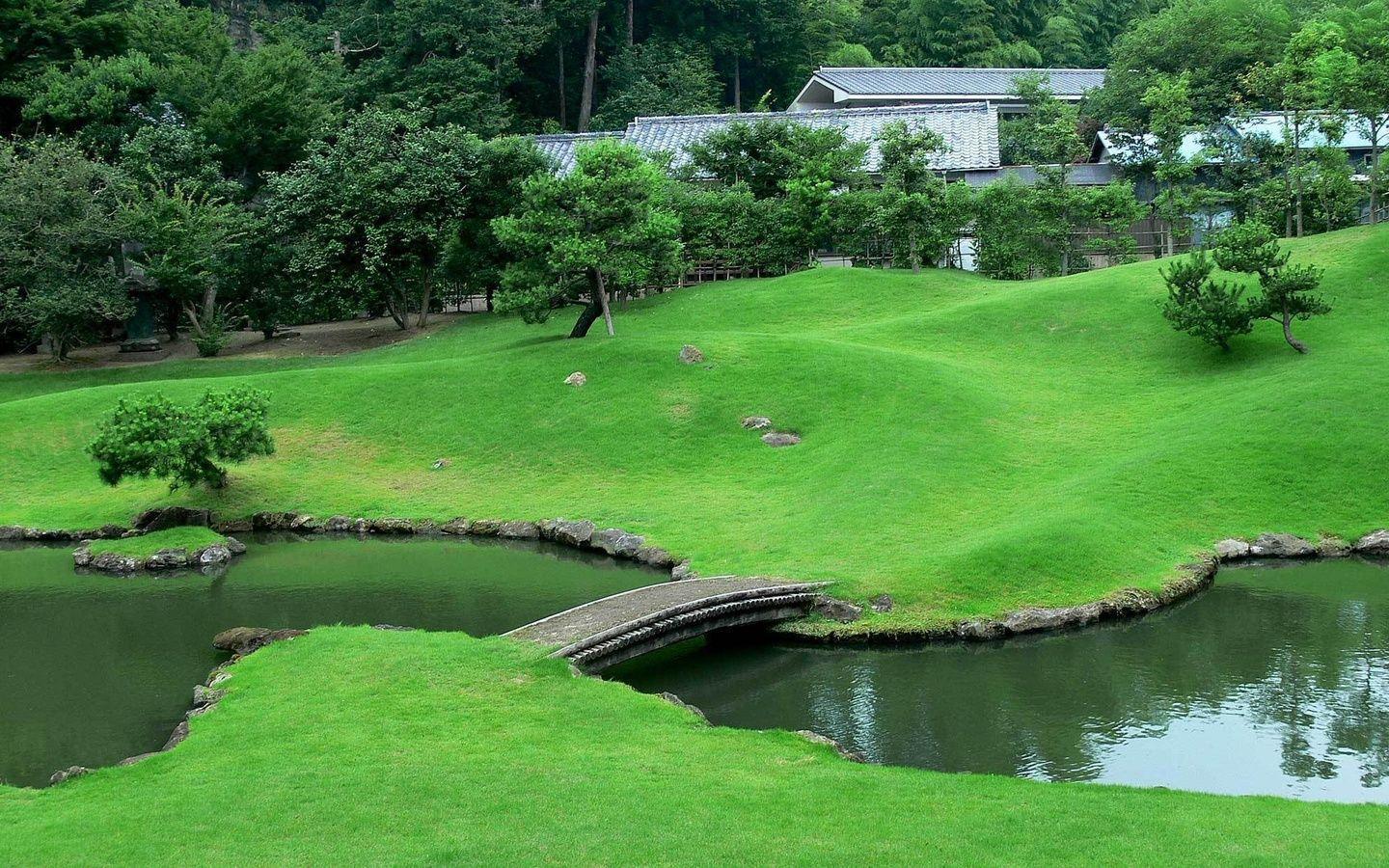 Lawn, Stream, Bridge, Garden, Japan Wallpaper