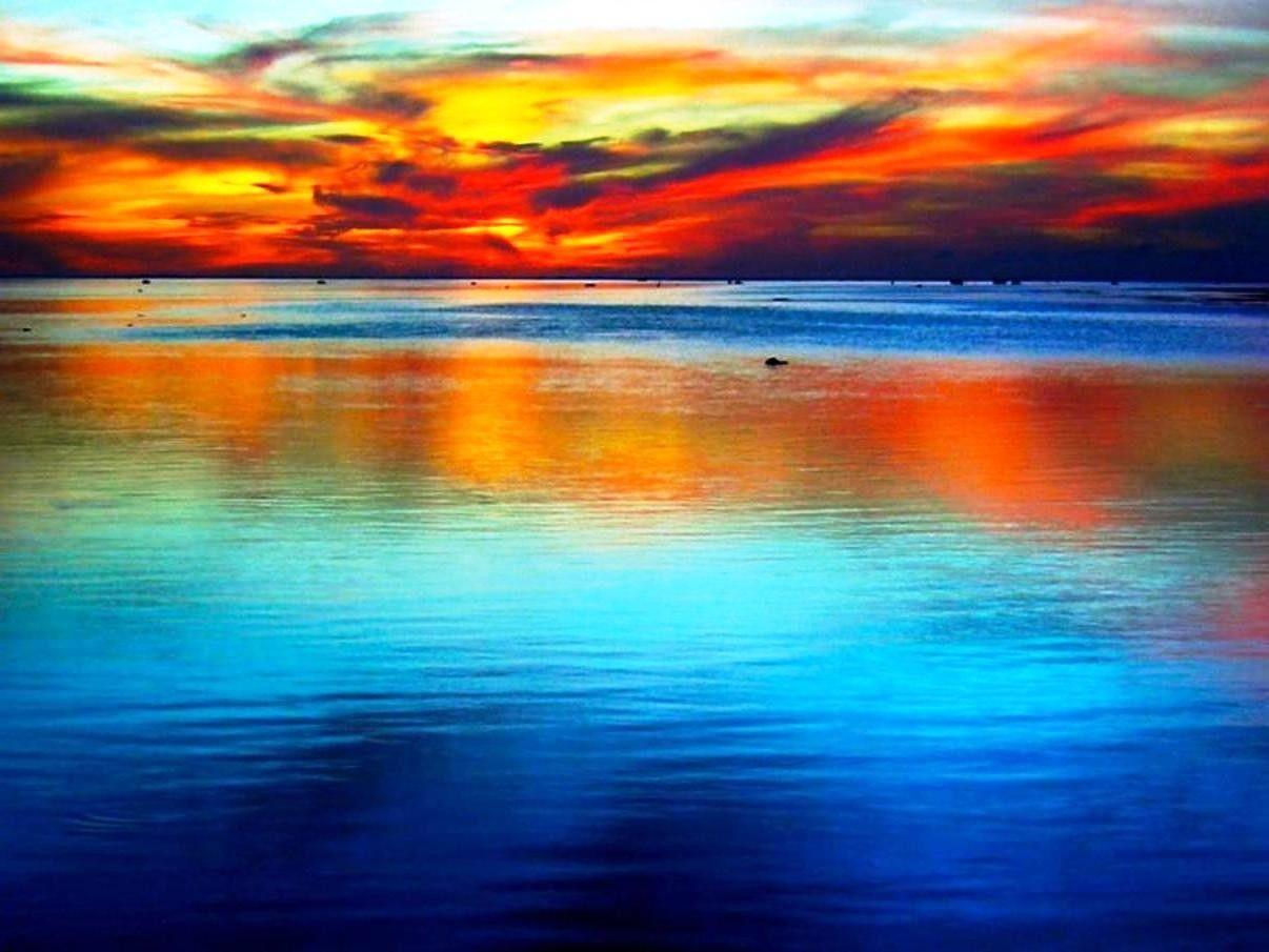 Ocean: Rainbow Sunset Orange Blue Ocean Sky Reflections Red Yellow