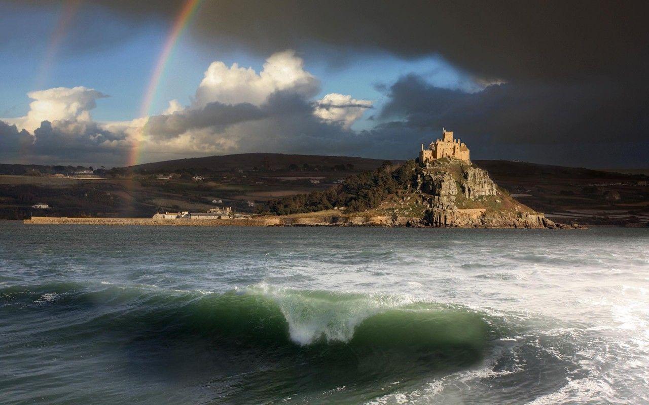 Castle Ocean Rainbow Landscape Coast Buildings Sea Waves