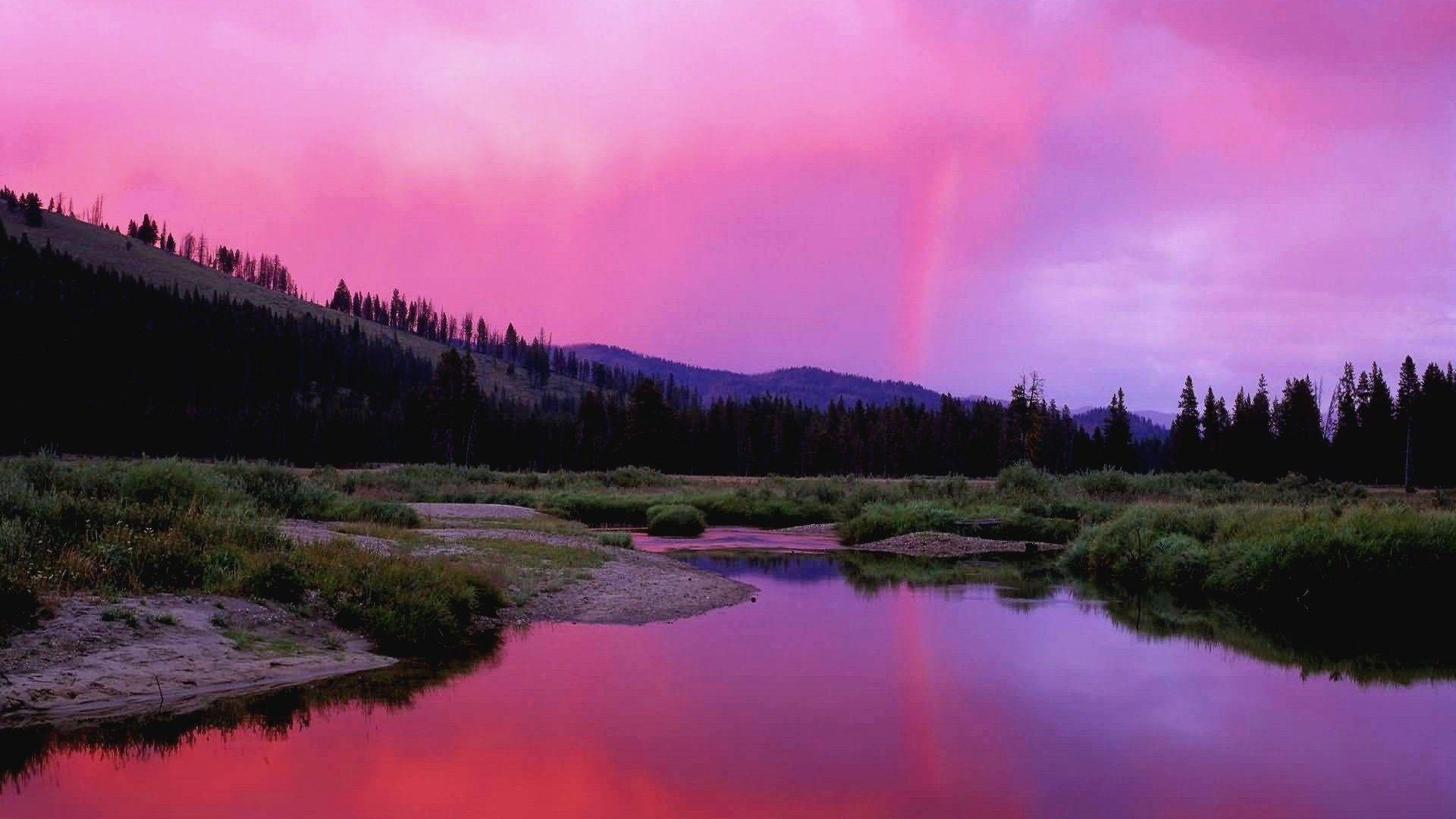Rainbow wallpaper: RAINBOW REFLECTION Sunset Lake Trees Wallpaper