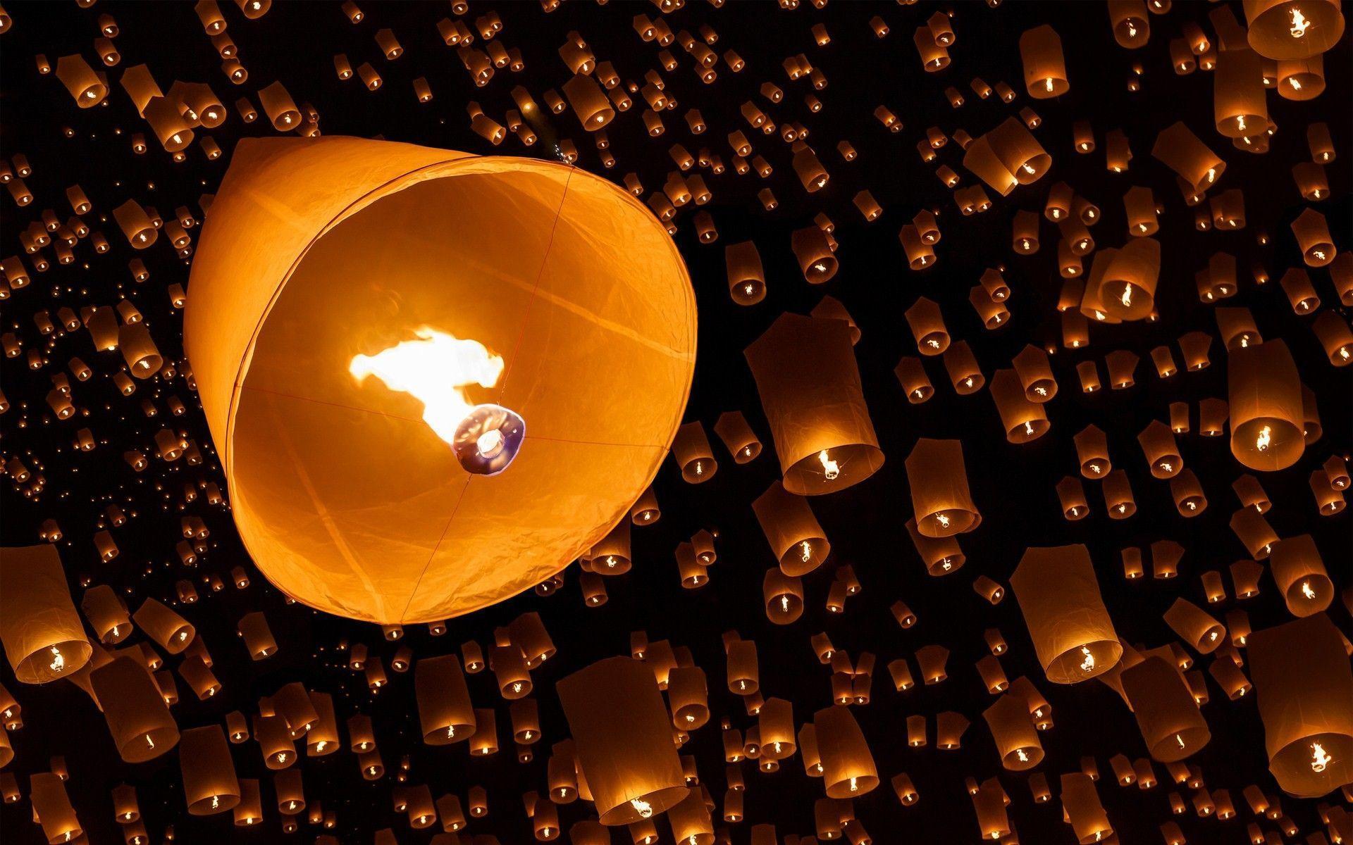 night sky lanterns paper fire wallpaper. Photography HD