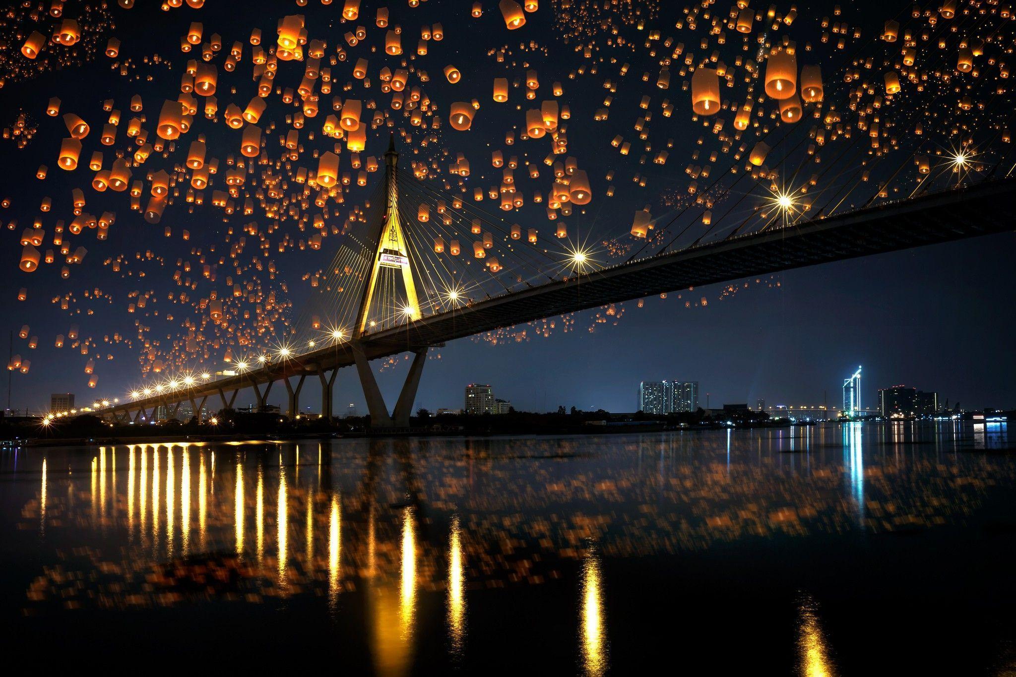 landscape, Bridge, Night, Sky Lanterns, Reflection Wallpaper HD