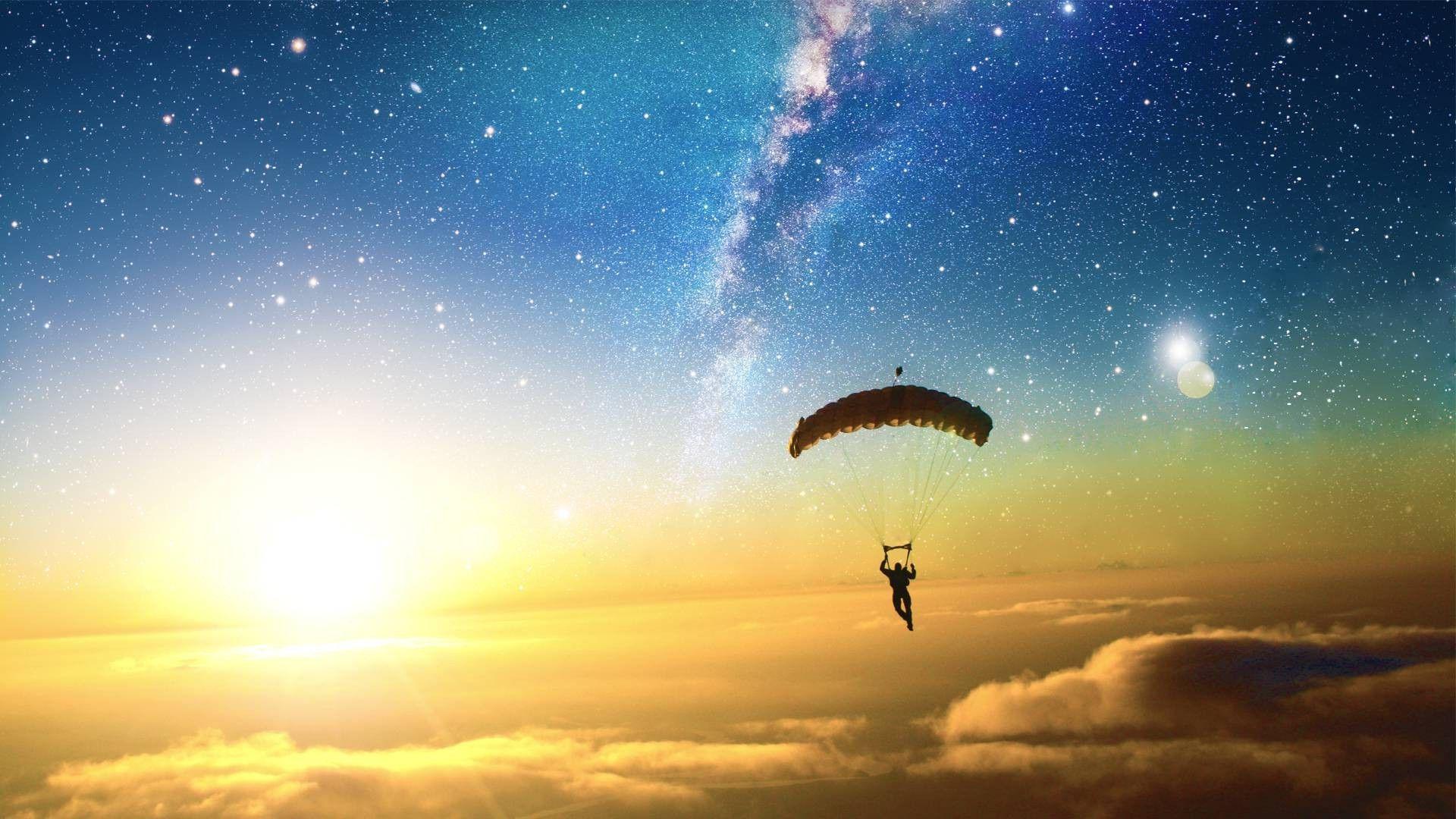 digital Art, Skydiving, Sun, Stars, Clouds, Liquicity, Parachutes