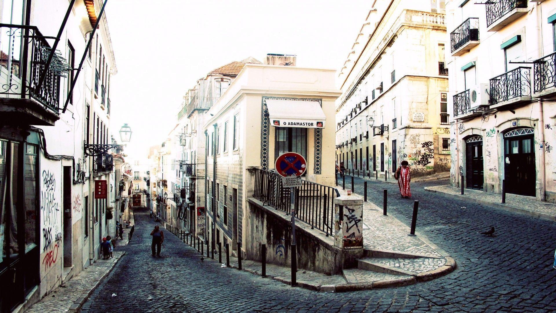 Winding street in Lisbon wallpaper and image