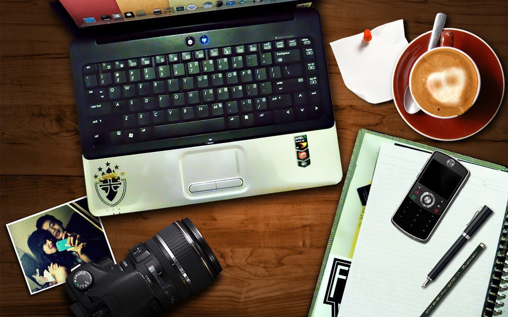 laptop, Phone, Cellphone, Camera, Coffee, Reflex Wallpaper HD