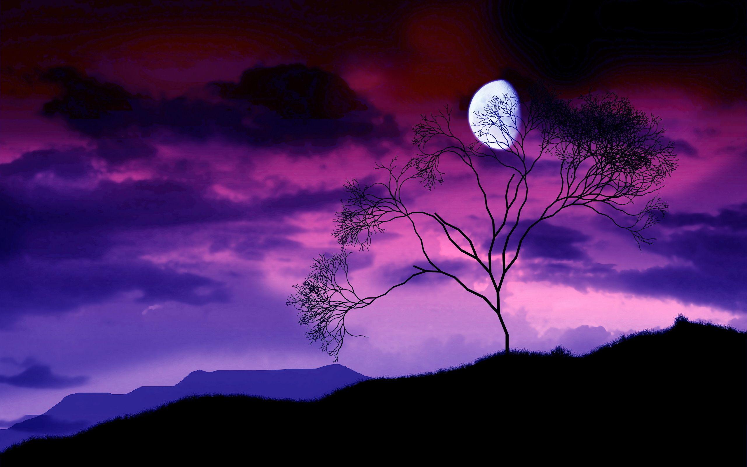 Artistic night scene of a gibbous moon in a sky with purple