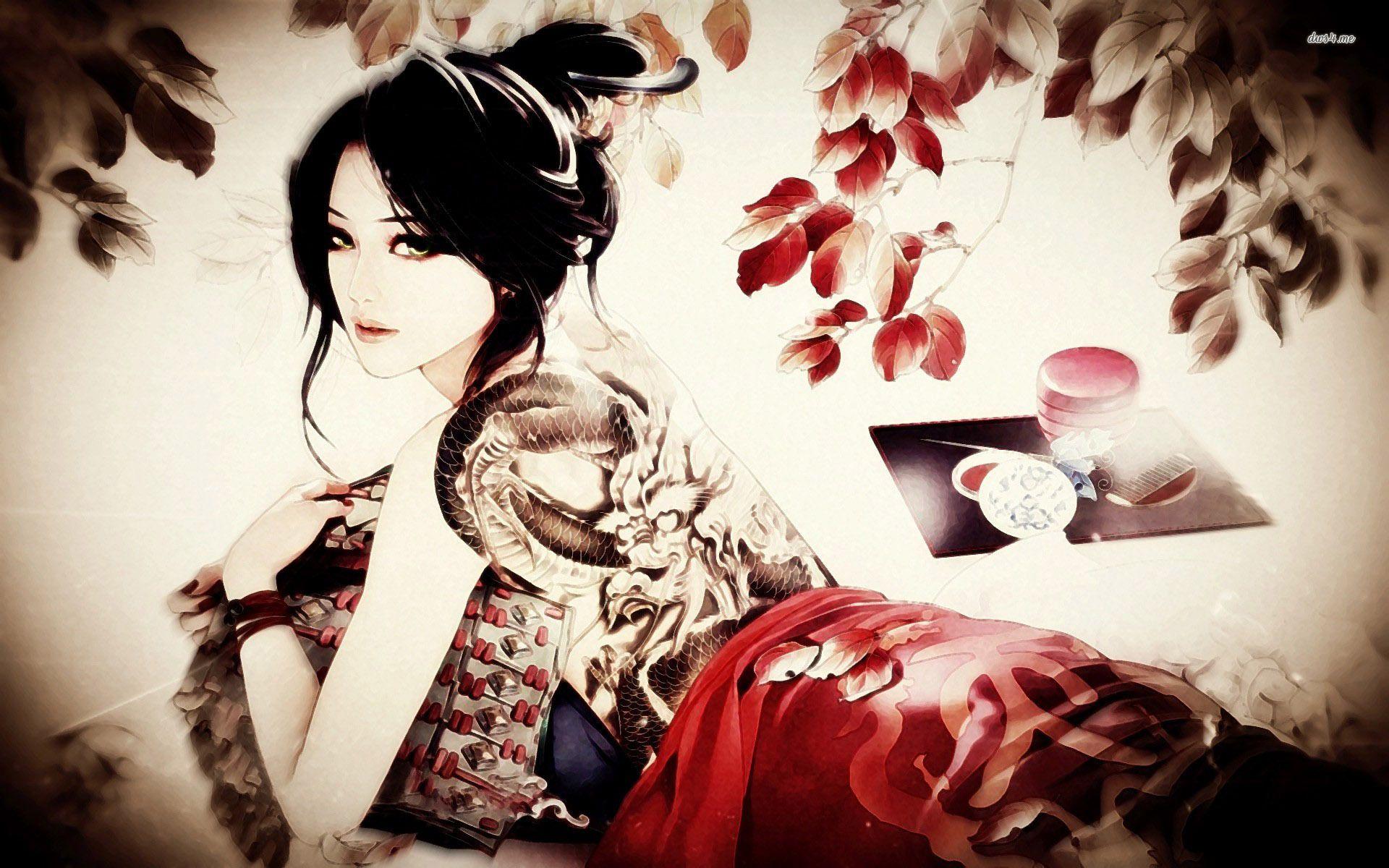 Face tattooed geisha wallpaper