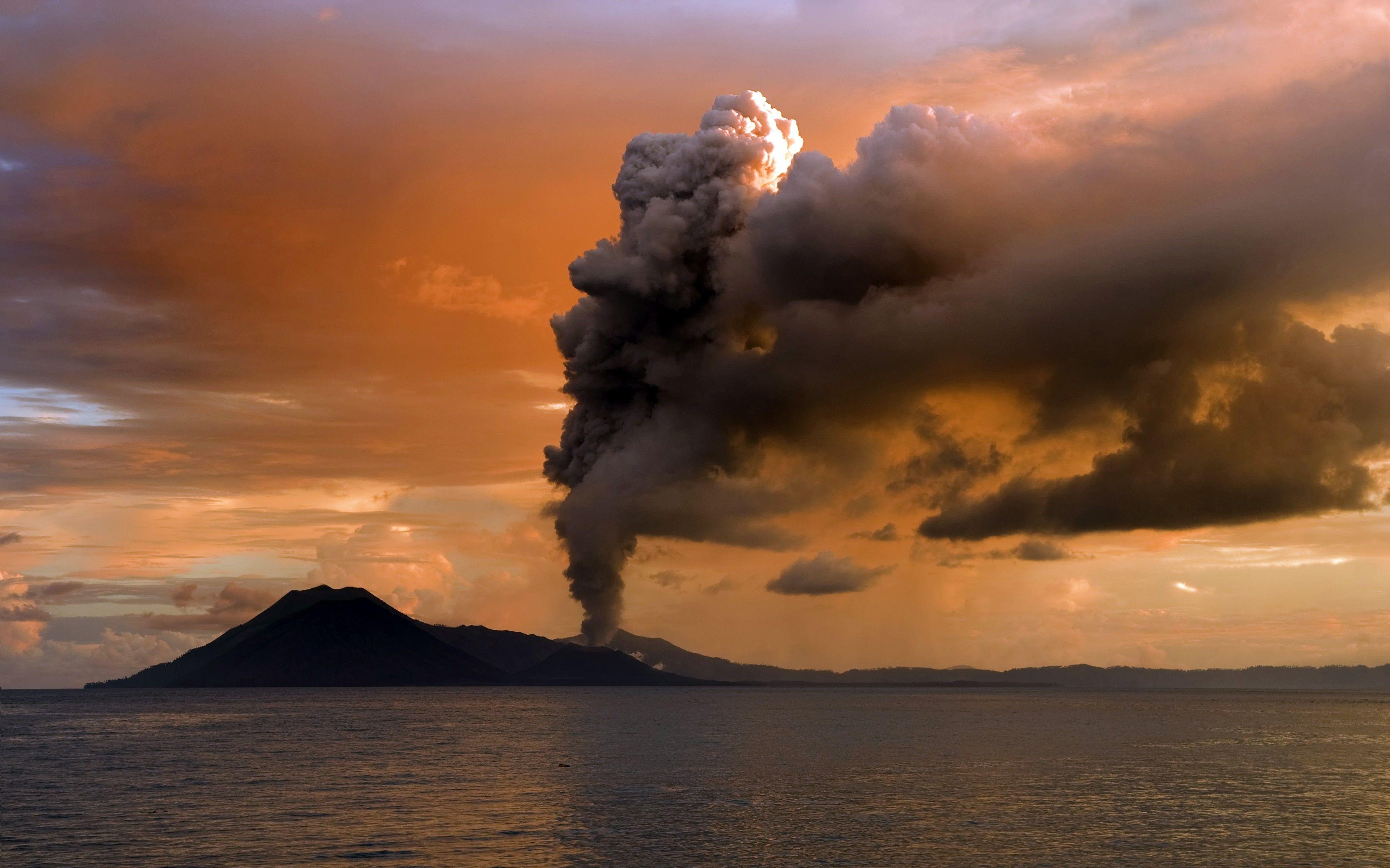 volcano, Landscape, Clouds, Sunset, Sea, Eruption Wallpaper HD