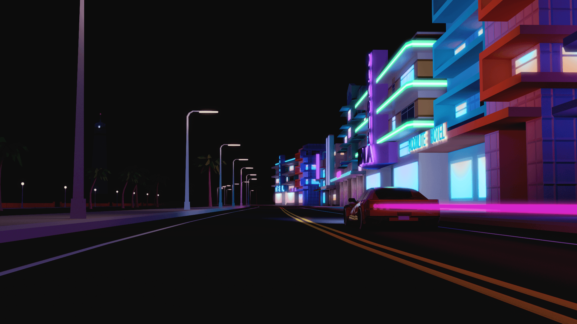 Wallpaper, street, night, car, render, urban, building, road, CGI