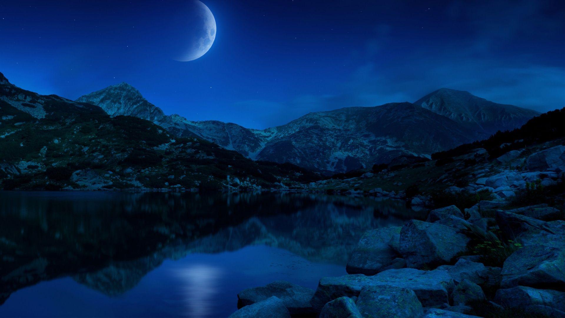 Night Half Moon Mountains Lake Bulgaria Wallpaper in jpg format
