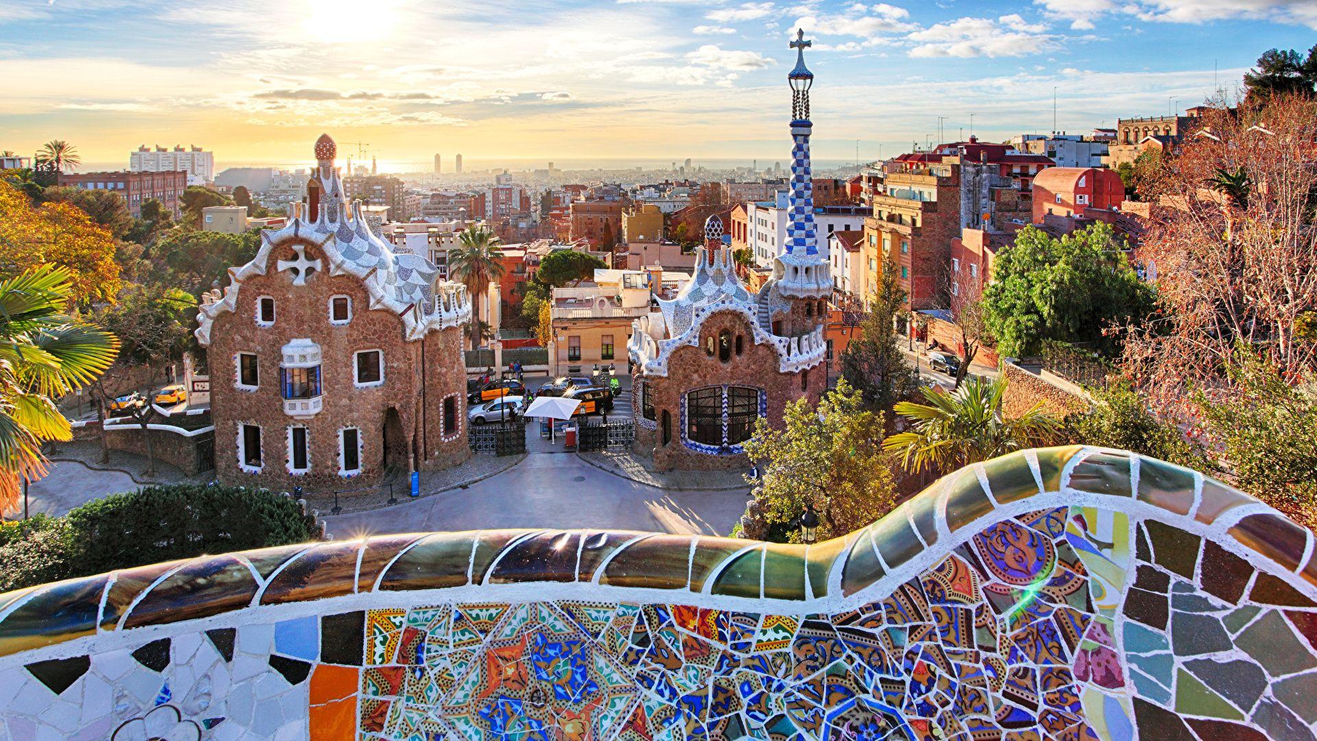 image Barcelona Spain Park Guell Parks Cities Houses 1920x1080