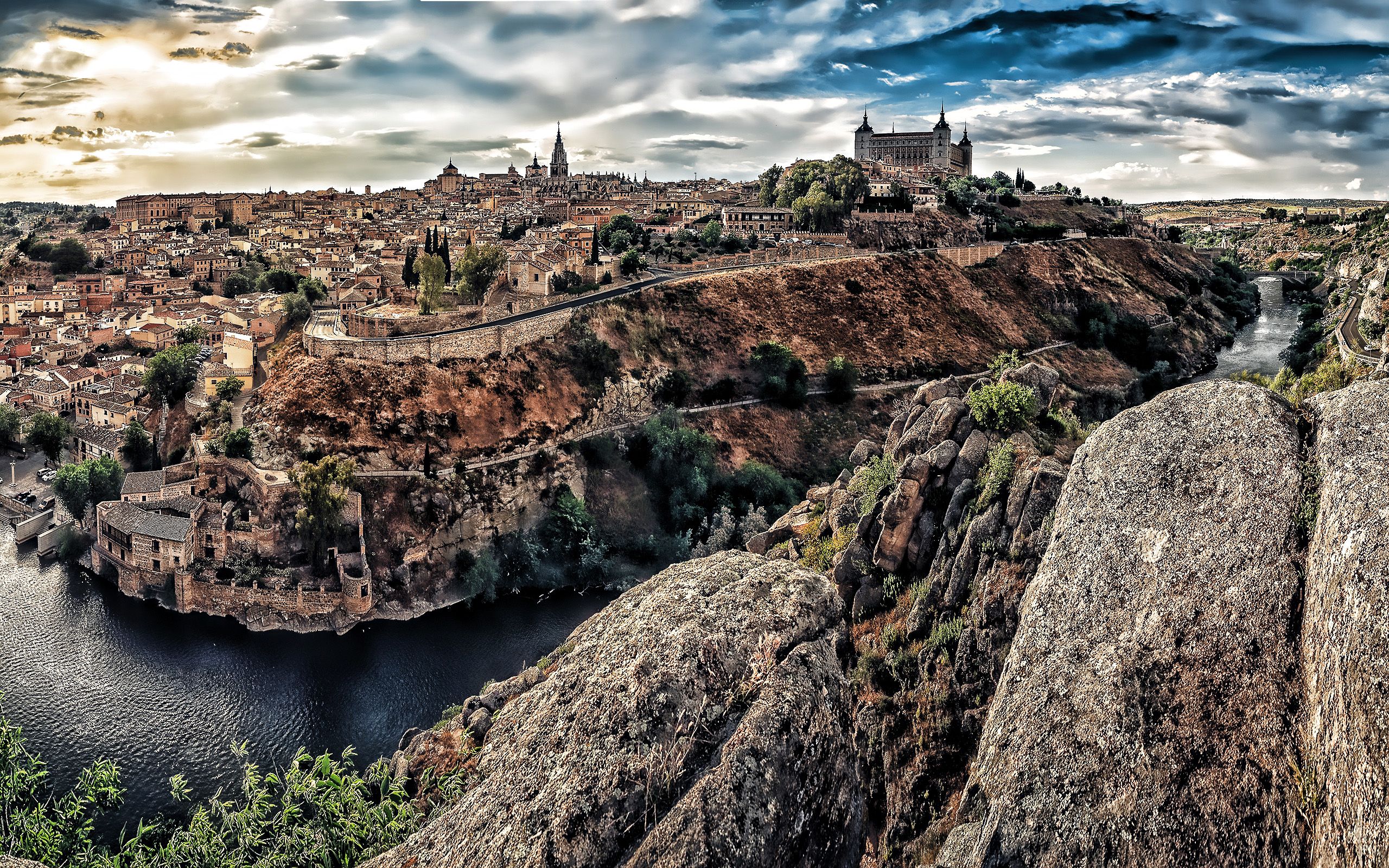 Download wallpaper Toledo, HDR, sunset, river, Toledo Castle, Spain