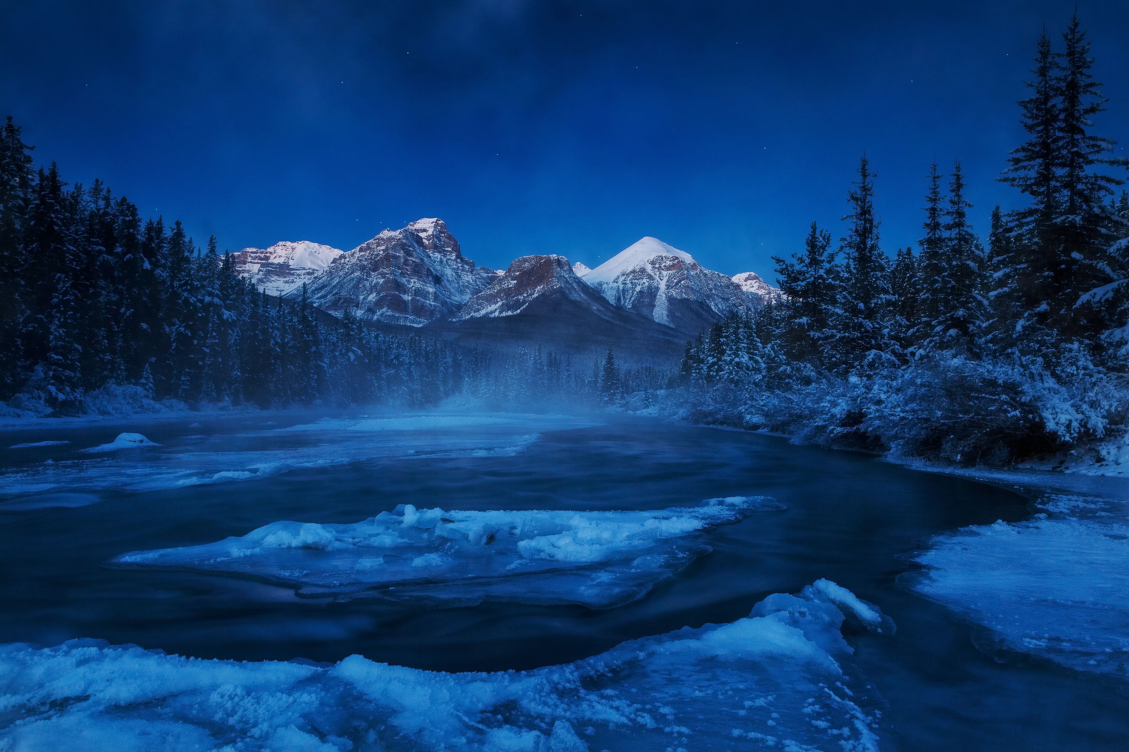 firs, winter, landscape, snow, river, Canada wallpaper