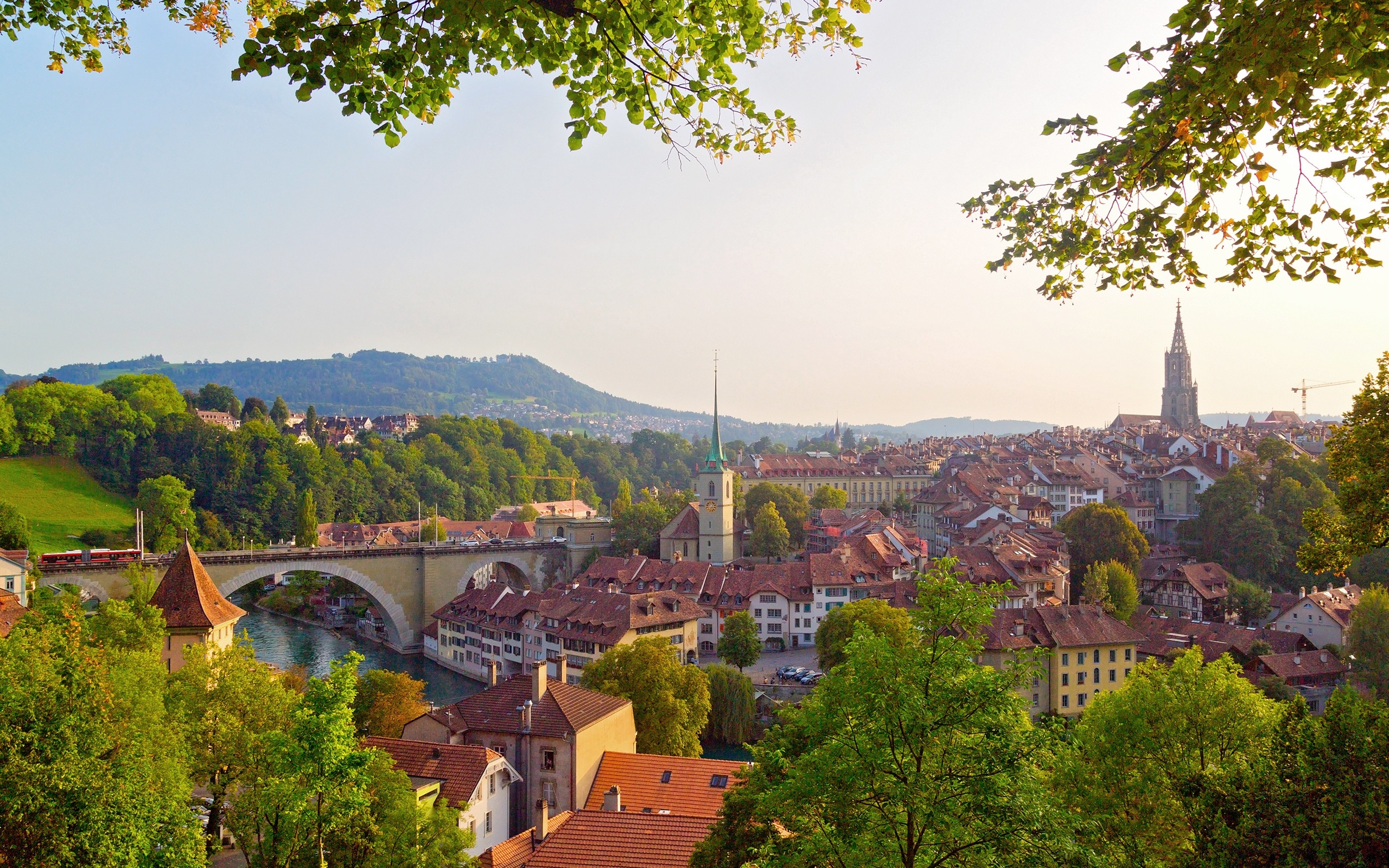 Wallpaper Bern, Switzerland, city, river, bridge, trees, houses