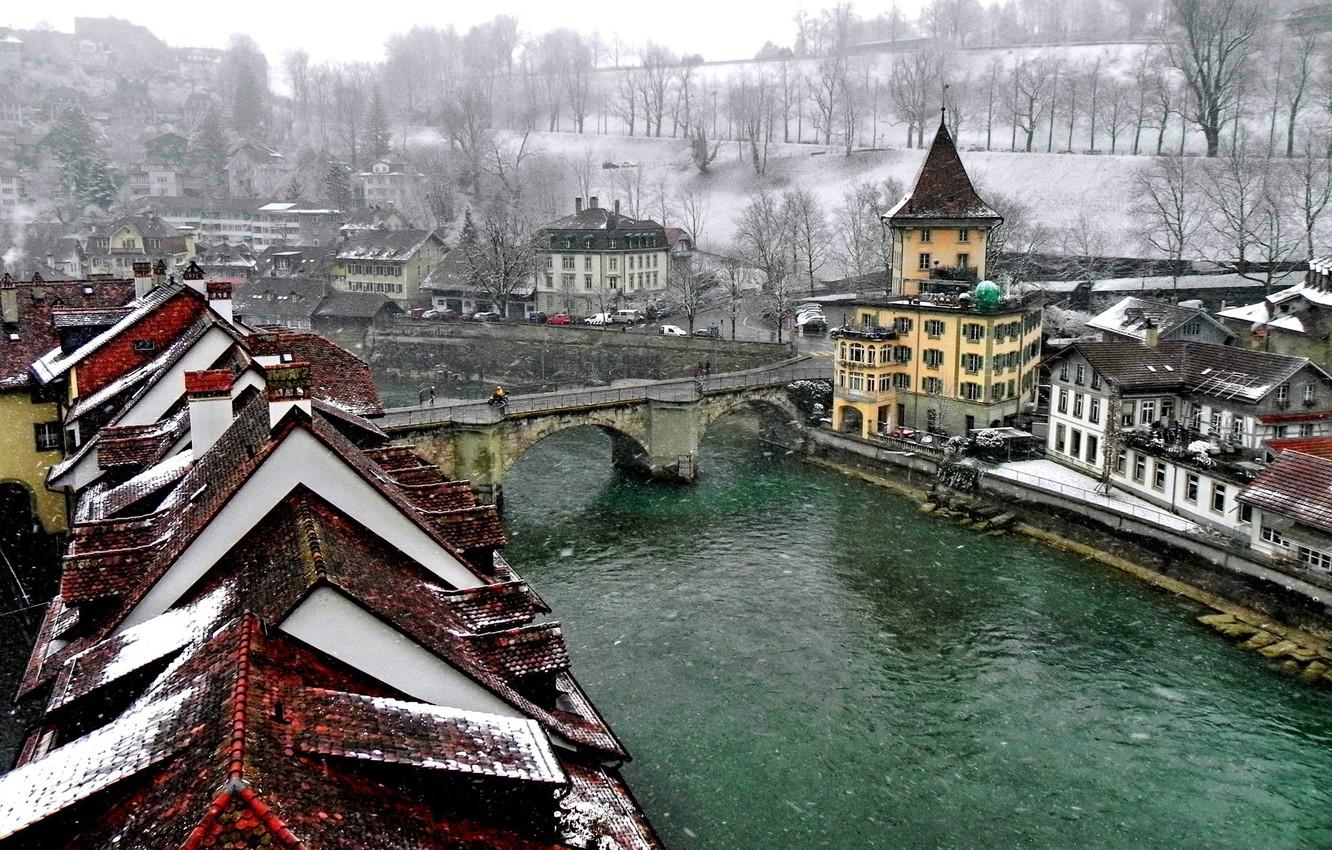 Wallpaper winter, bridge, the city, river, Switzerland, roof