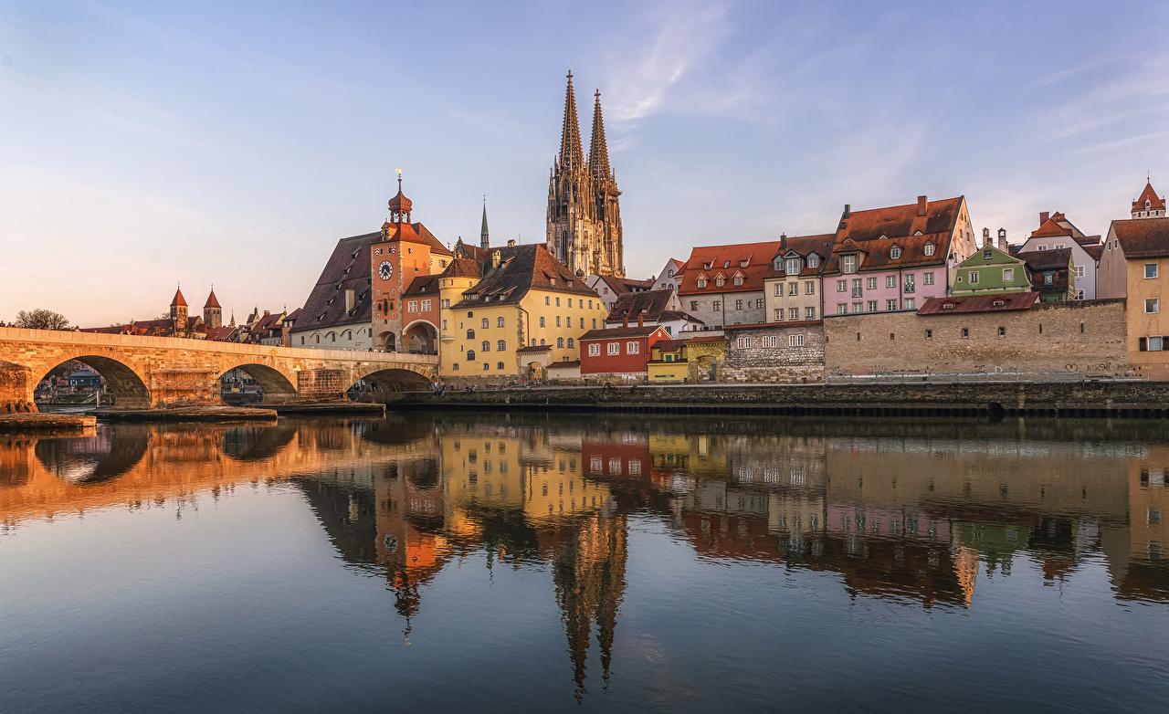 Wallpaper Germany Regensburg Bridges Reflection Rivers Cities