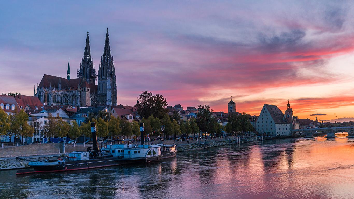 image Germany Regensburg Riverboat Rivers Evening Marinas 1366x768