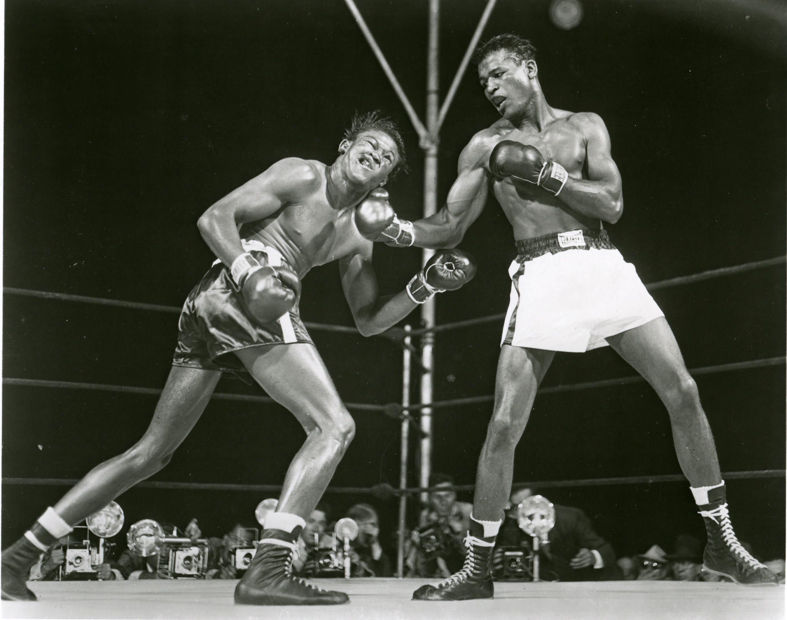 Sugar Ray Robinson puts the kibosh on Kid Gavilan. Boxing. Sugar