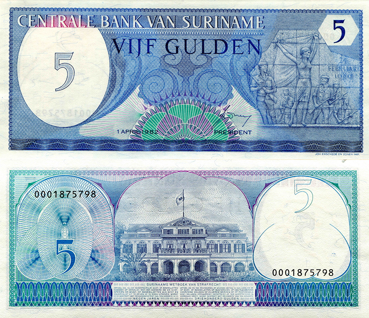 image Banknotes 5 guilders Suriname Money