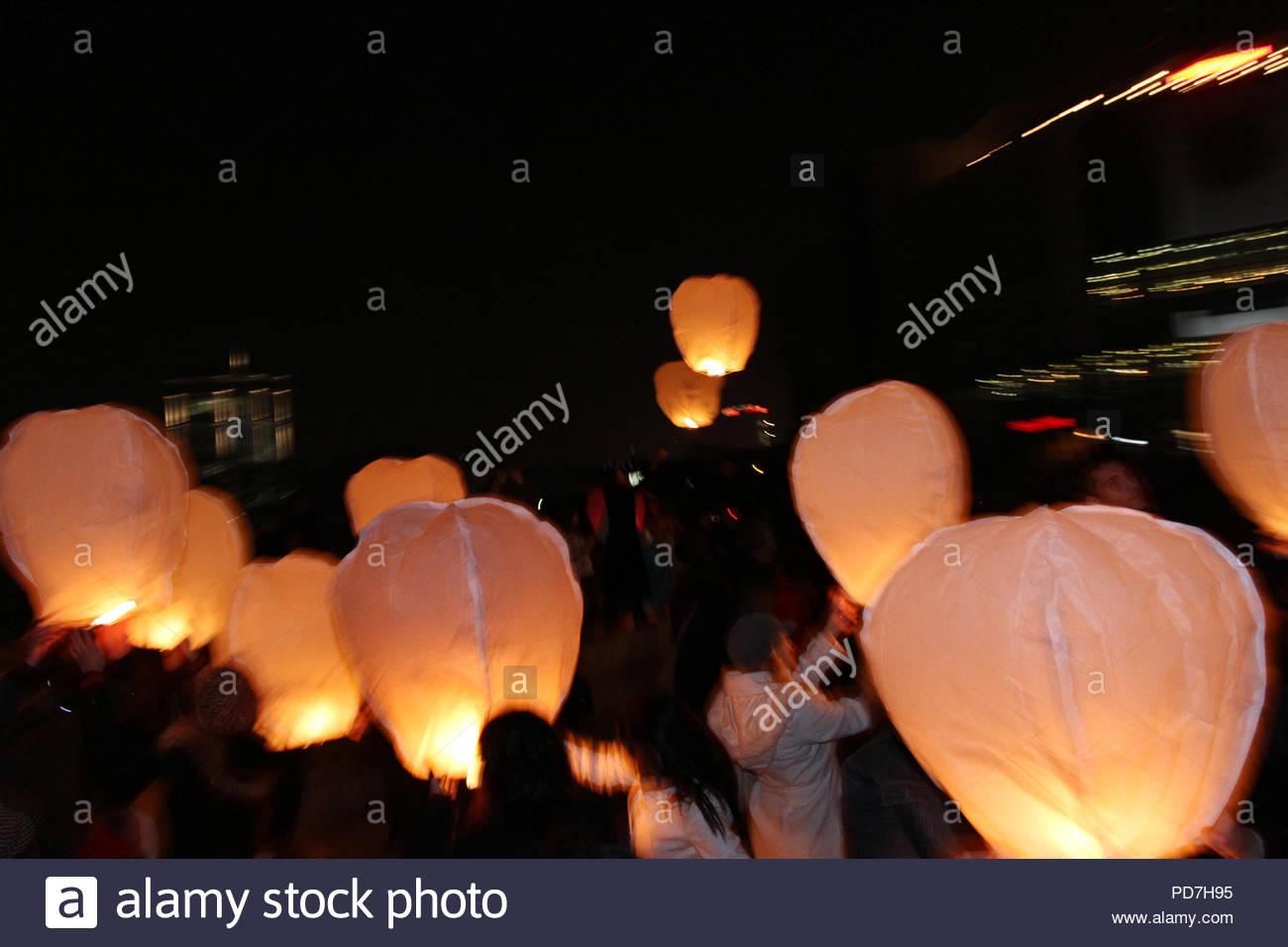 Sky lanterns floating in the sky. Deepavali lights festival. Chinese