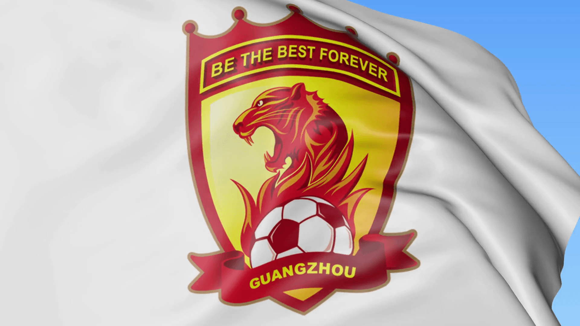 Close Up Of Waving Flag With Guangzhou Evergrande Taobao FC Football