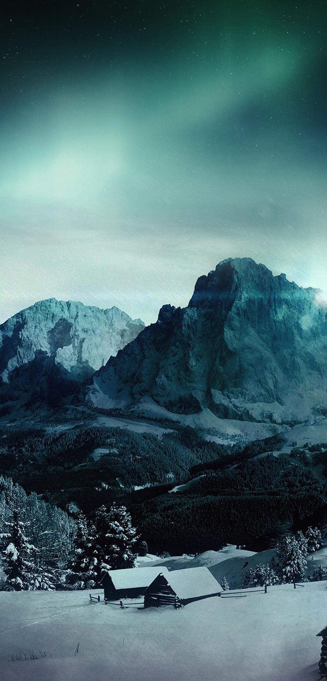 my98 night sky mountain snow winter aurora Wallpaper 1080 x 2246 HD