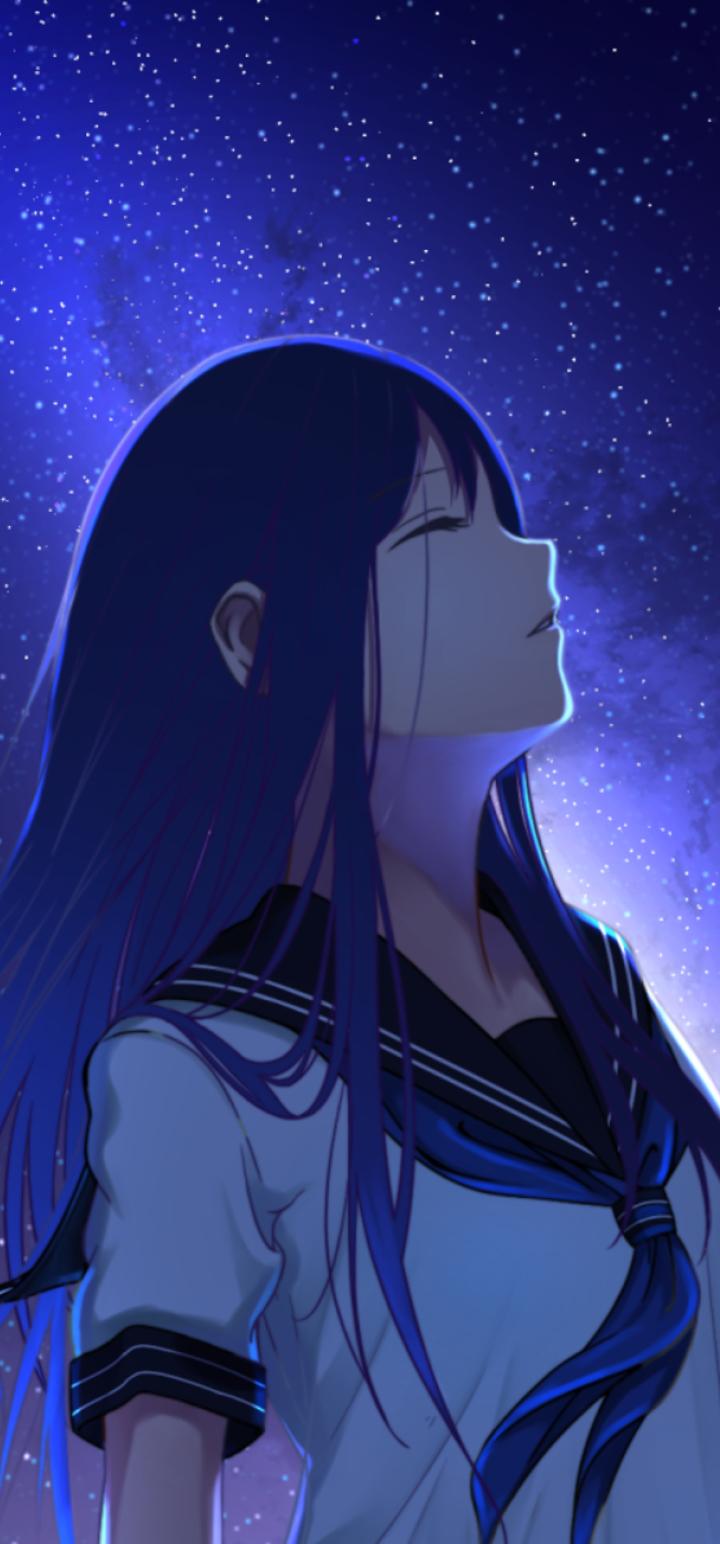 Anime Girl And Night Stars 720x1544 Resolution Wallpaper