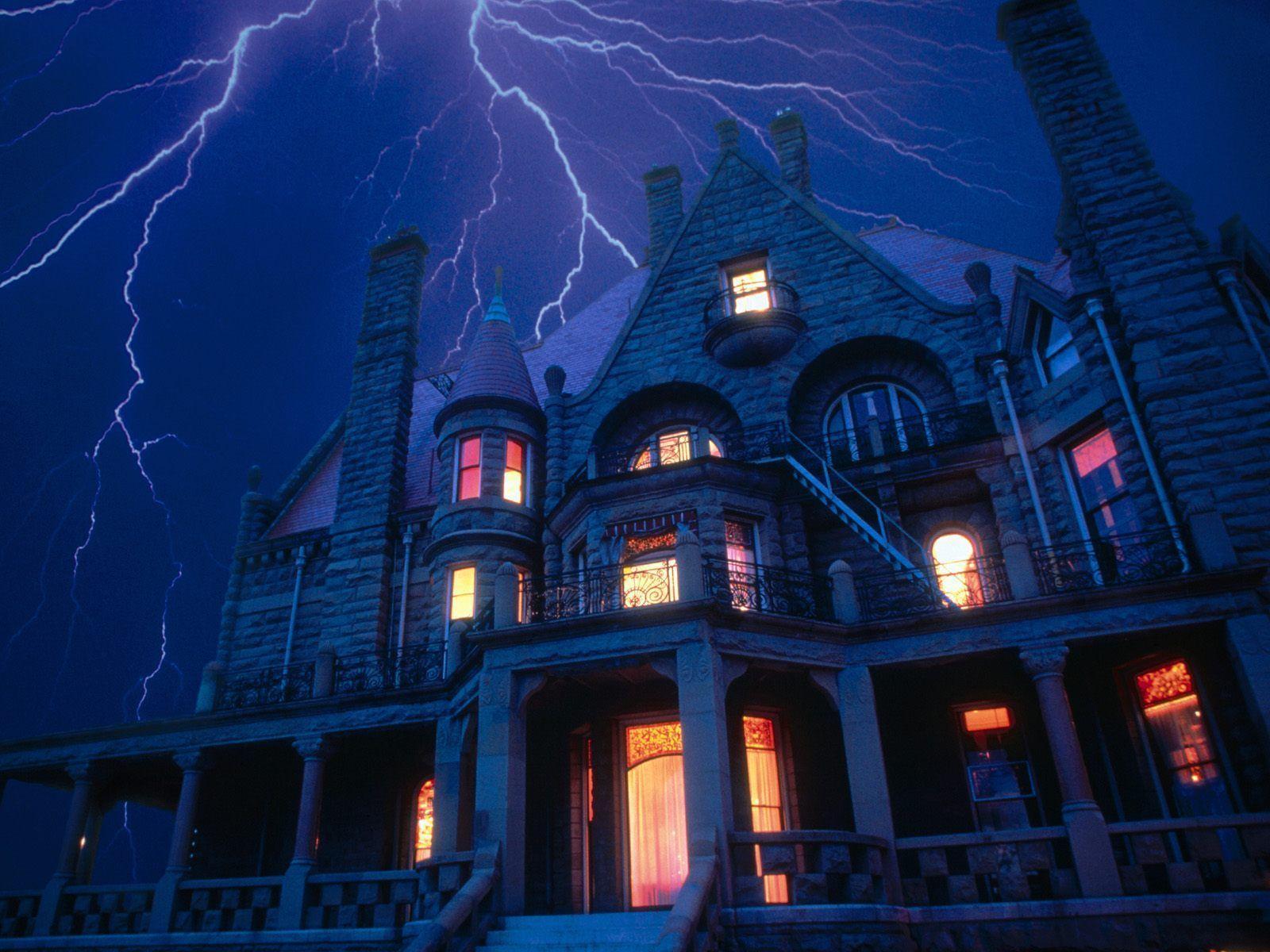Spooky House With Lightening Buildings And Landmarks