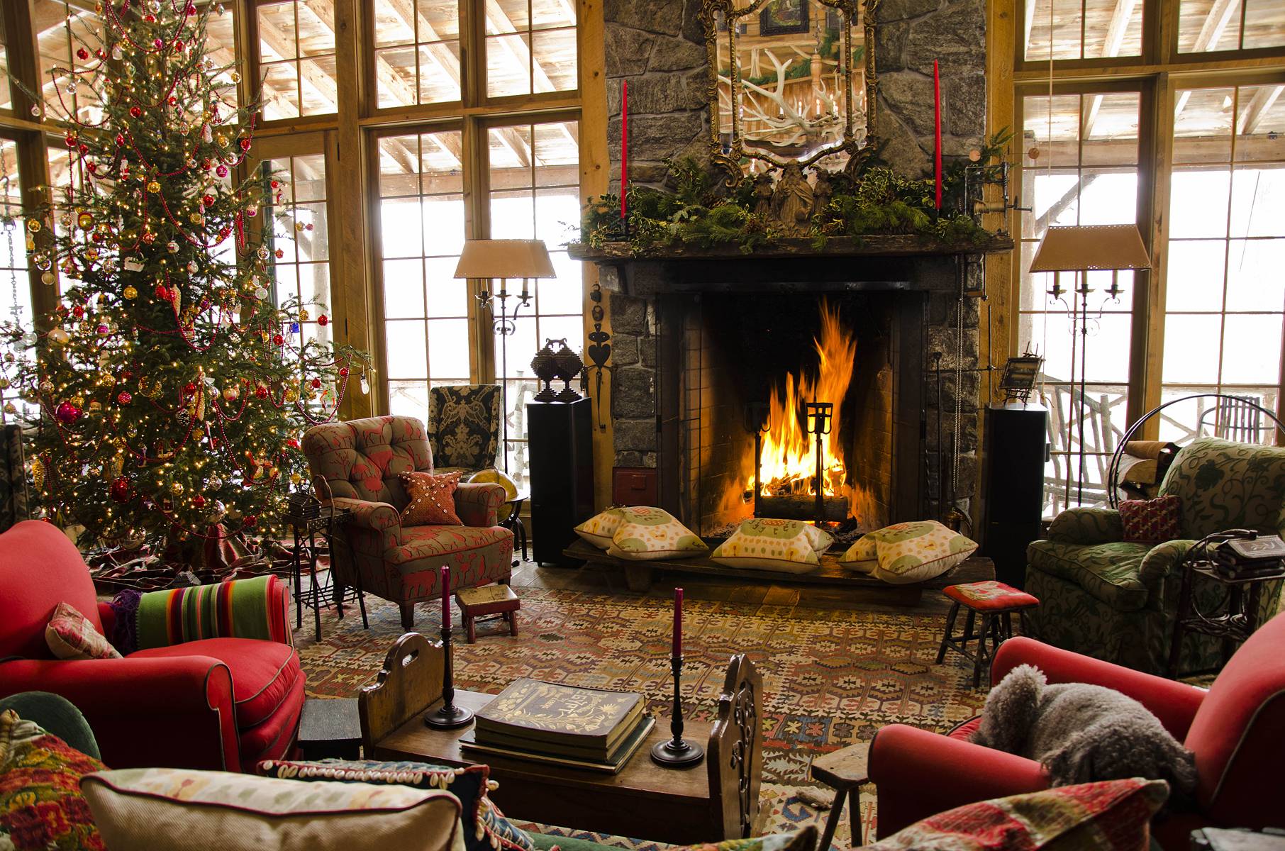 Christmas Fireplace Holiday Festive Decorations Background