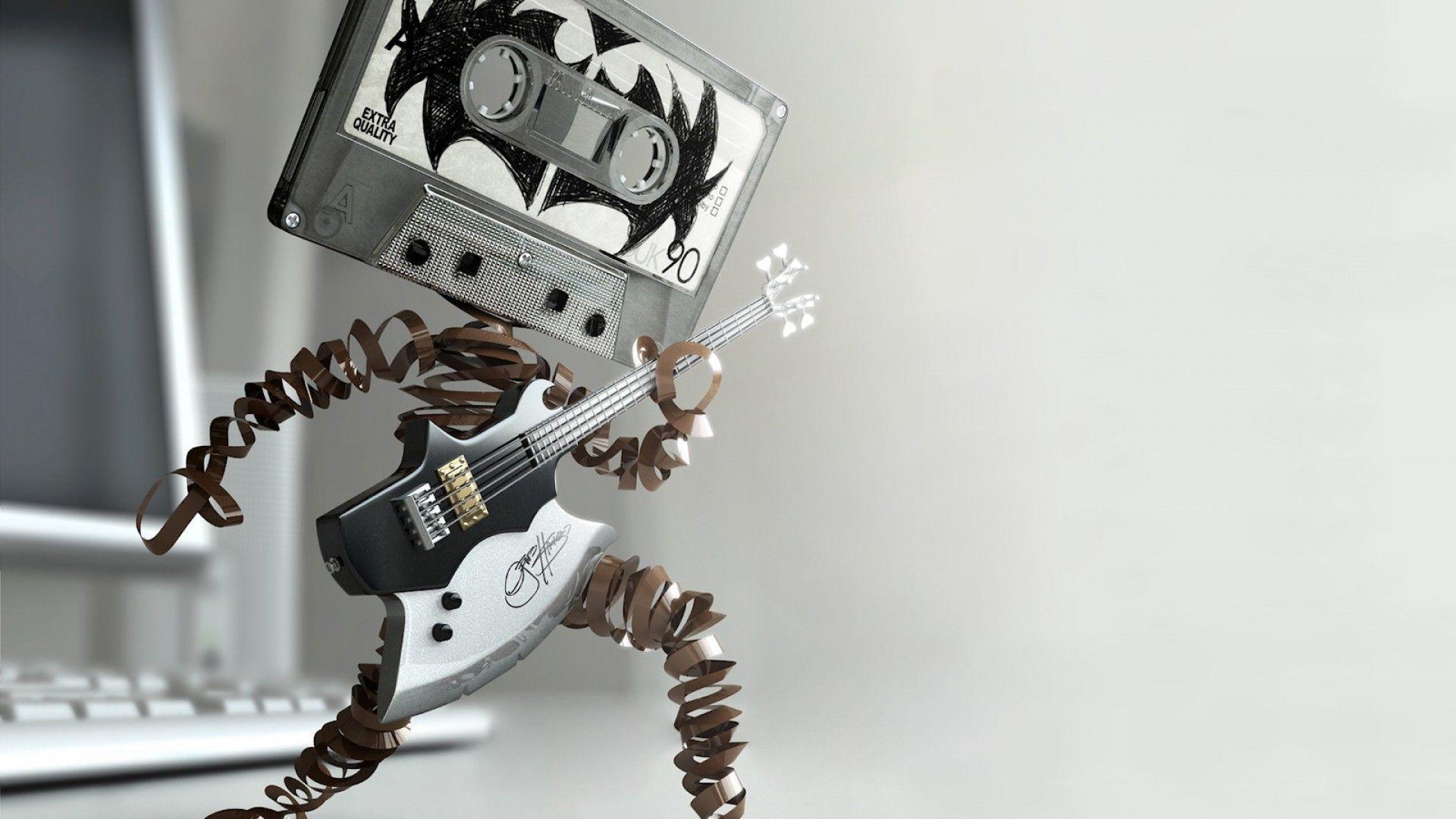 Download Funny Cassette Tape Playing Bass Guitar Wallpaper Free